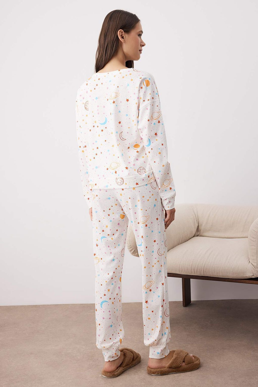 Ekru %100 Pamuklu Galaksi Desenli Orme Pijama Tak?m? THMAW21PT0794