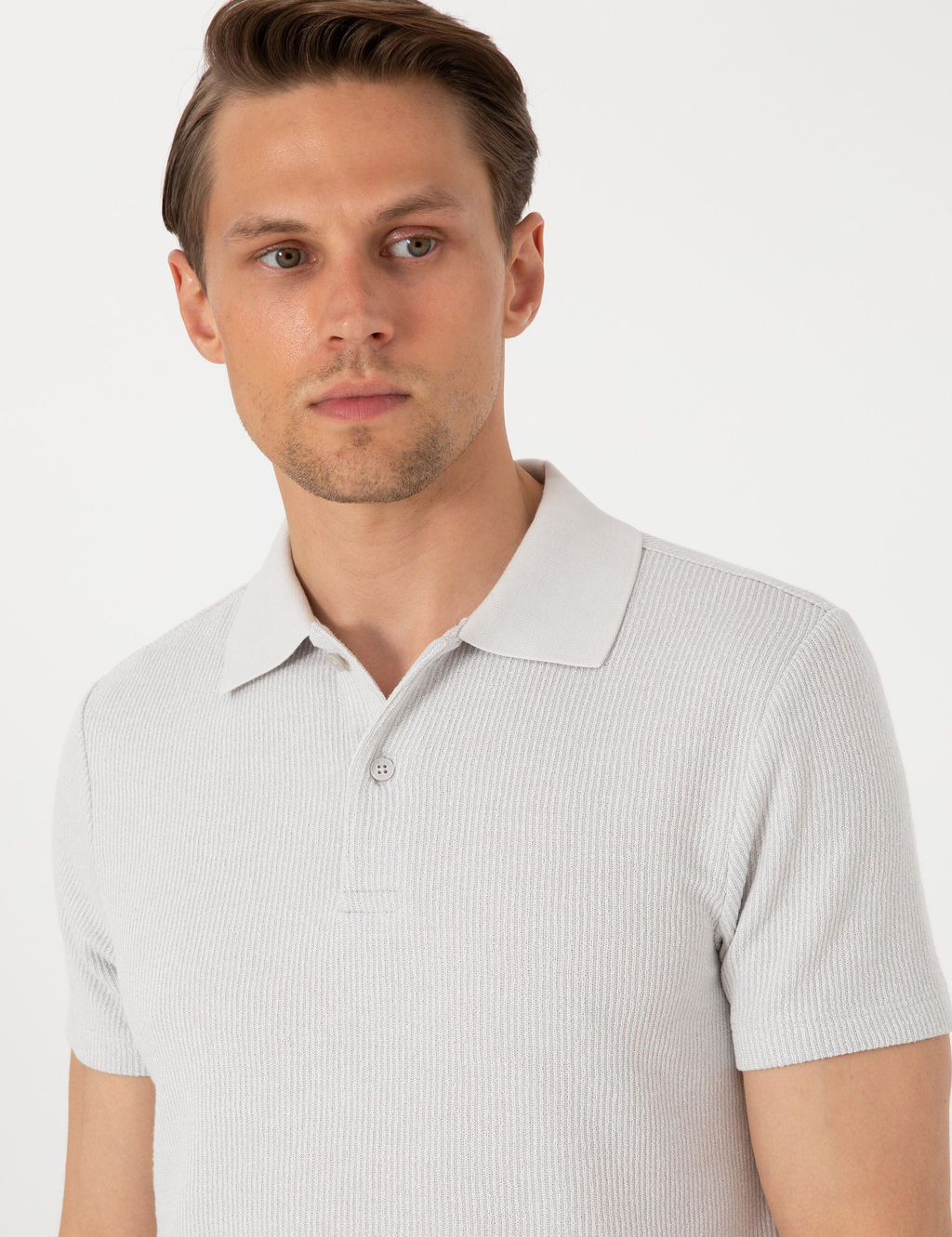 Gri Slim Fit _rme Dokulu Polo Yaka Ti__rt