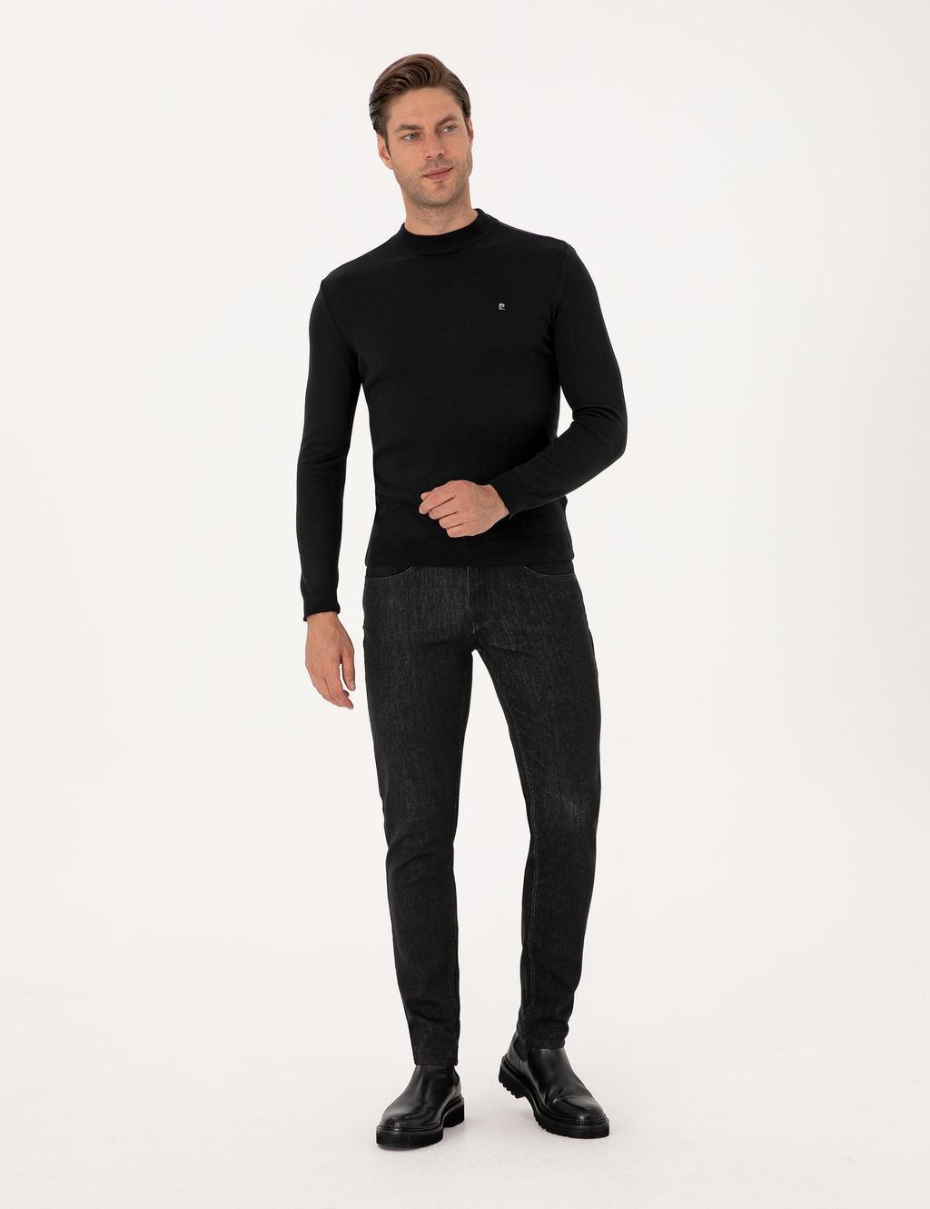 Siyah Slim Fit _eyrek Yaka Basic Triko Kazak