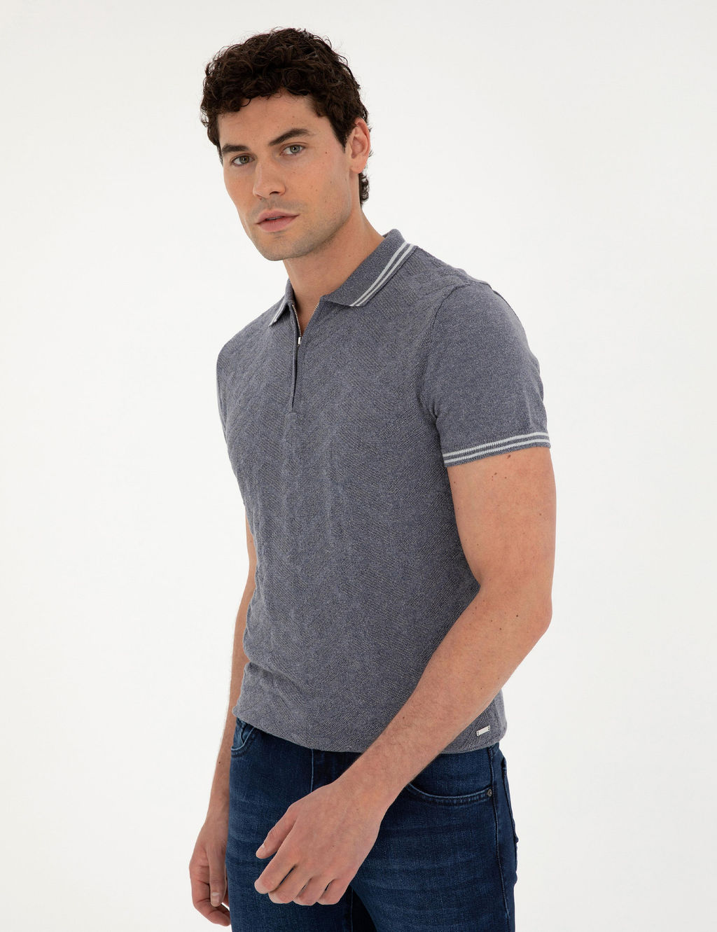 _ndigo Slim Fit Fermuarl_ Polo Yaka Keten Kar___ml_ Triko Ti__rt