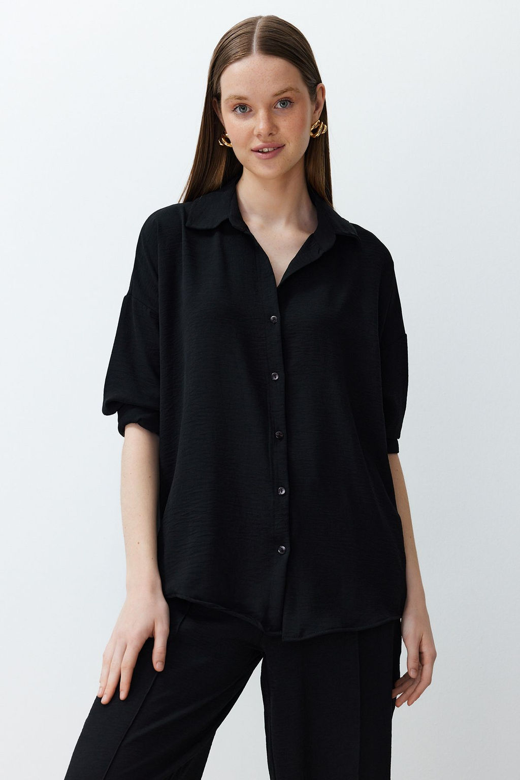 Siyah Dokuma Gomlek-Pantolon Aerobin Tak?m TWOSS24AU00038