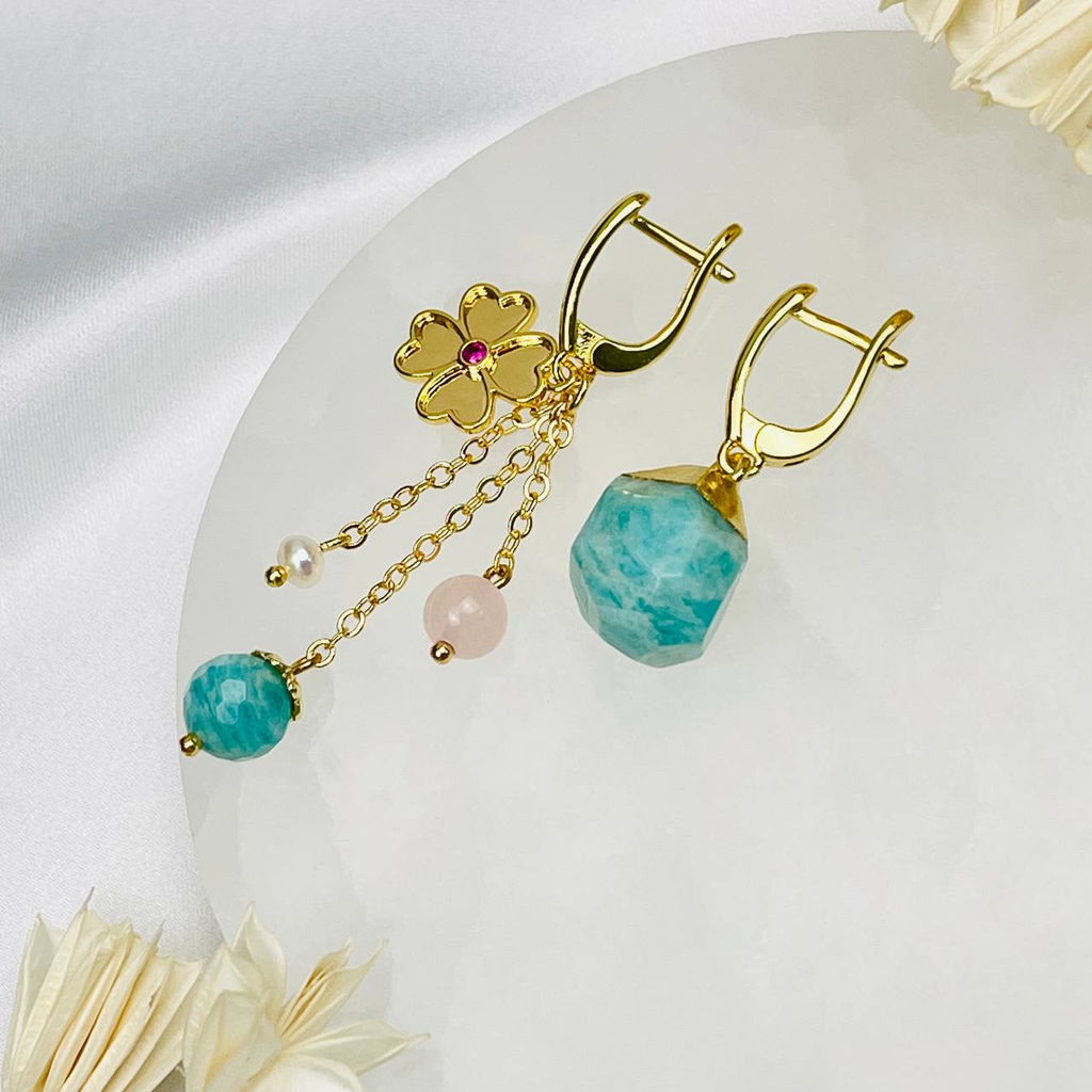 Серьги из Амазонита, Розового кварца и Жемчуга