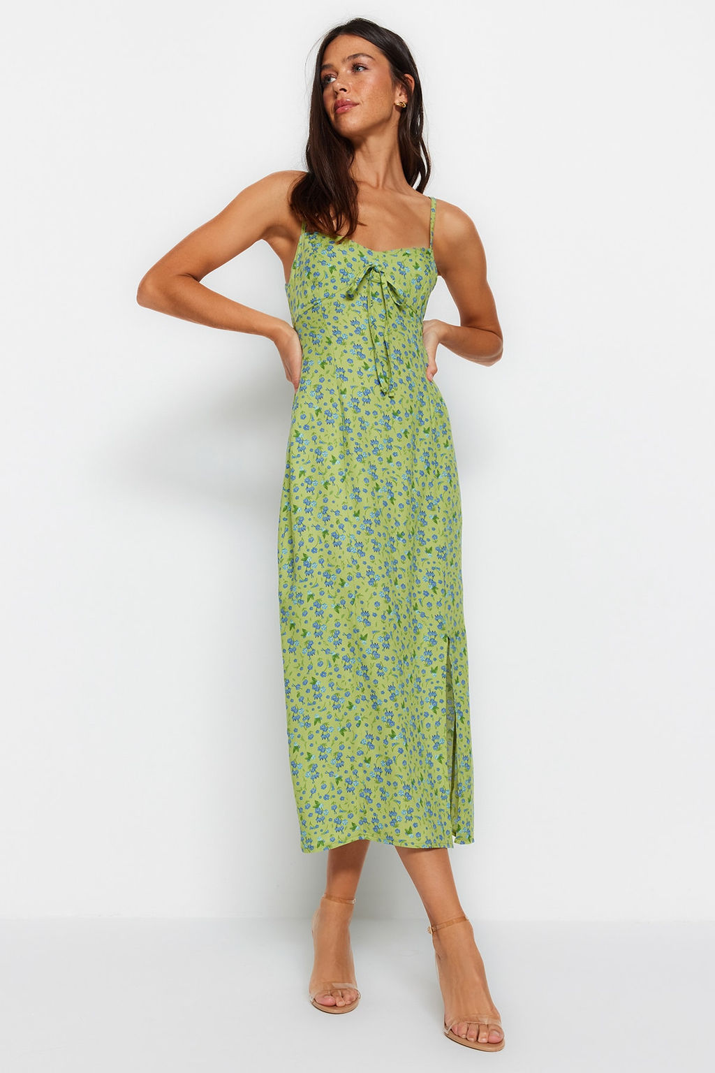 TRENDYOLMILLA Yesil Cicek Desenli Duz Kesim Y?rtmac Detayl? Viskon Midi Dokuma Elbise TWOSS23EL02085 фото 10