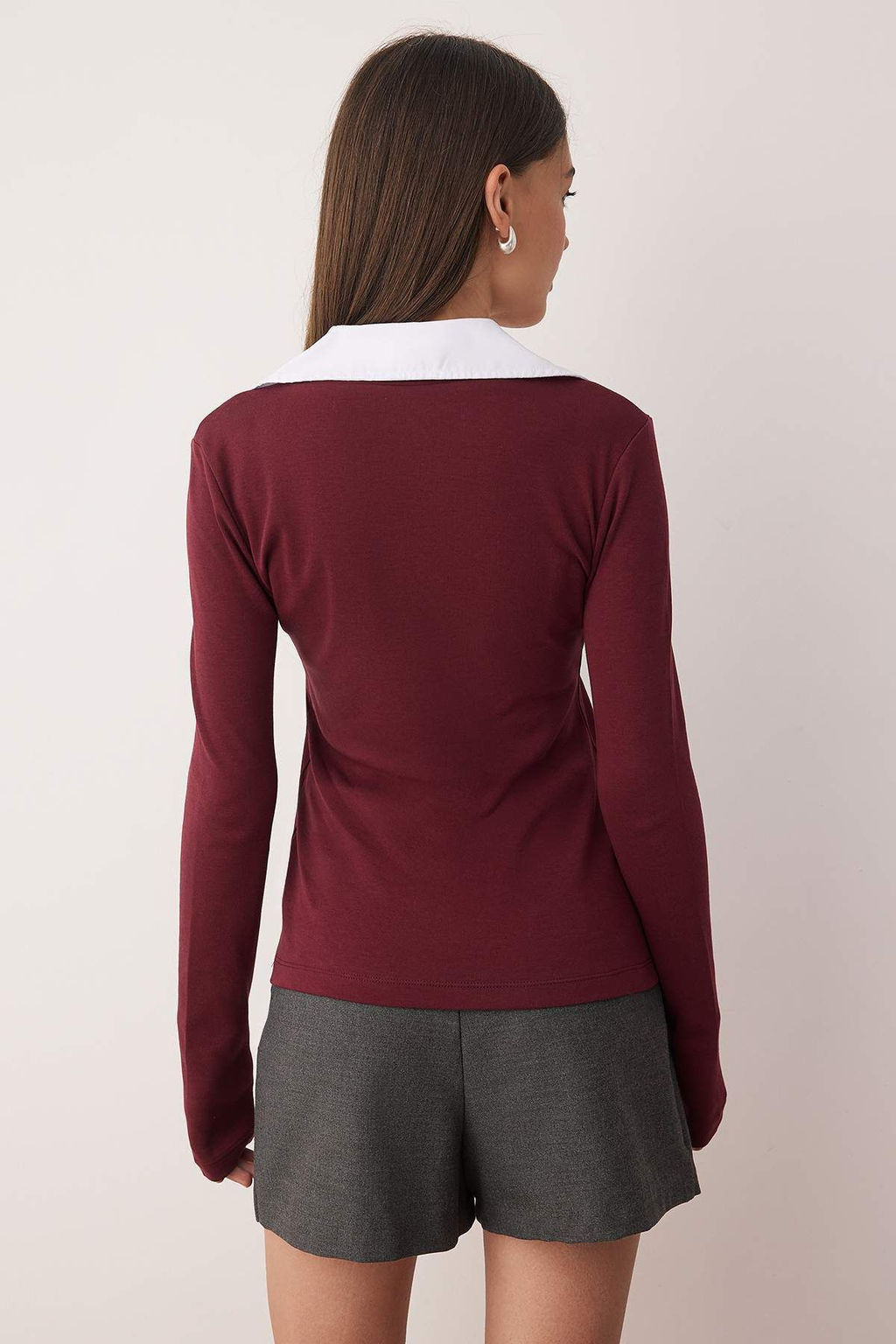 Bordo Dokuma Detayl? Gomlek Yaka Regular/Normal Kal?p Orme Bluz TWOAW25BZ00035