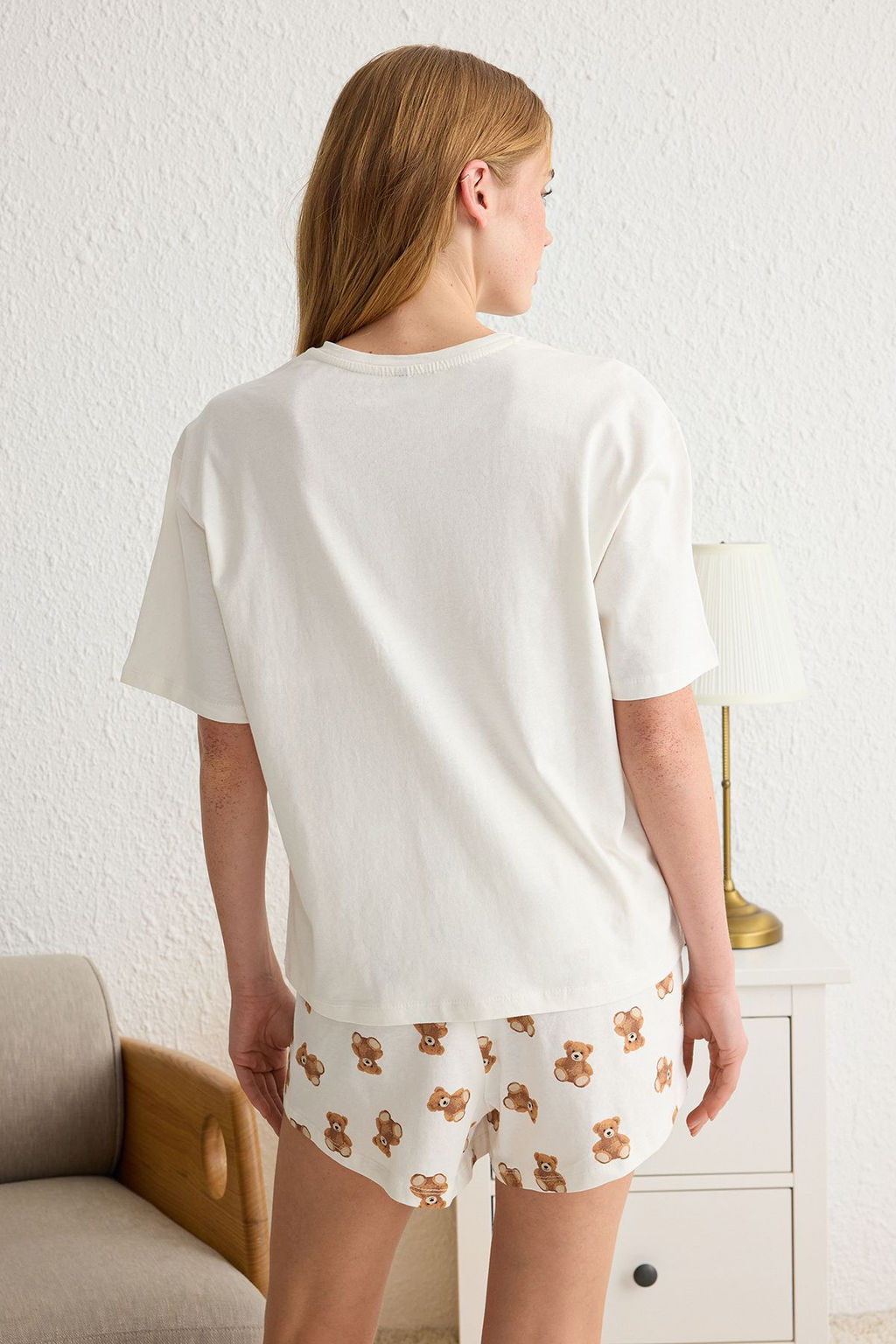 Trendyolmilla Ac?k Bej %100 Pamuklu Ay?c?kl? ve Slogan Bask?l? Sortlu Orme Pijama Tak?m? THMSS25PT00110 фото 6