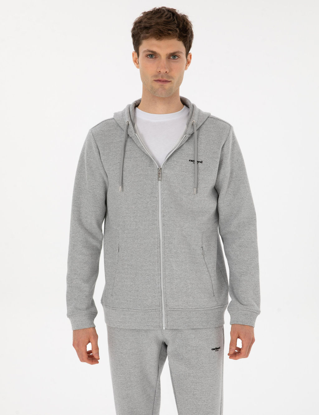 Gri Melanj Regular Fit Pamuk Kar___ml_ Tam Fermuarl_ Sweatshirt