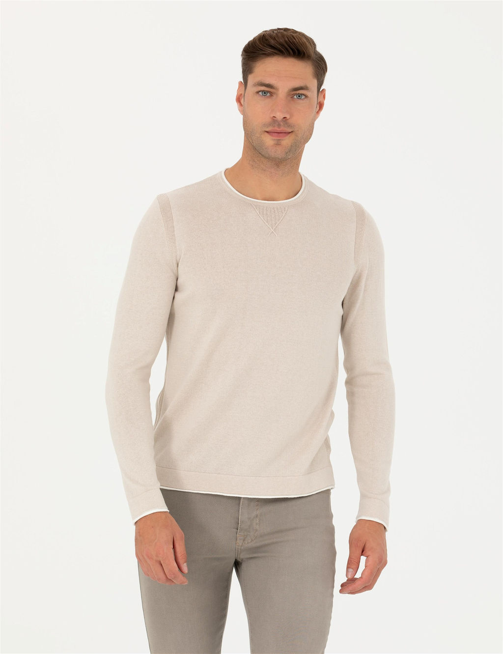 Bej Slim Fit Bisiklet Yaka Triko Kazak