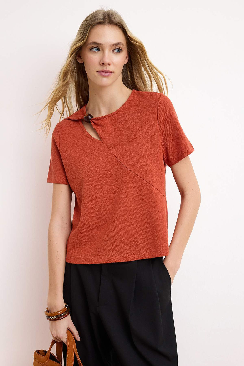 Kiremit Regular/Normal Kal?p Aksesuar Detayl? Triko gorunumlu Orme Bluz TWOSS26BZ00026 - Trendyolmilla фото 2