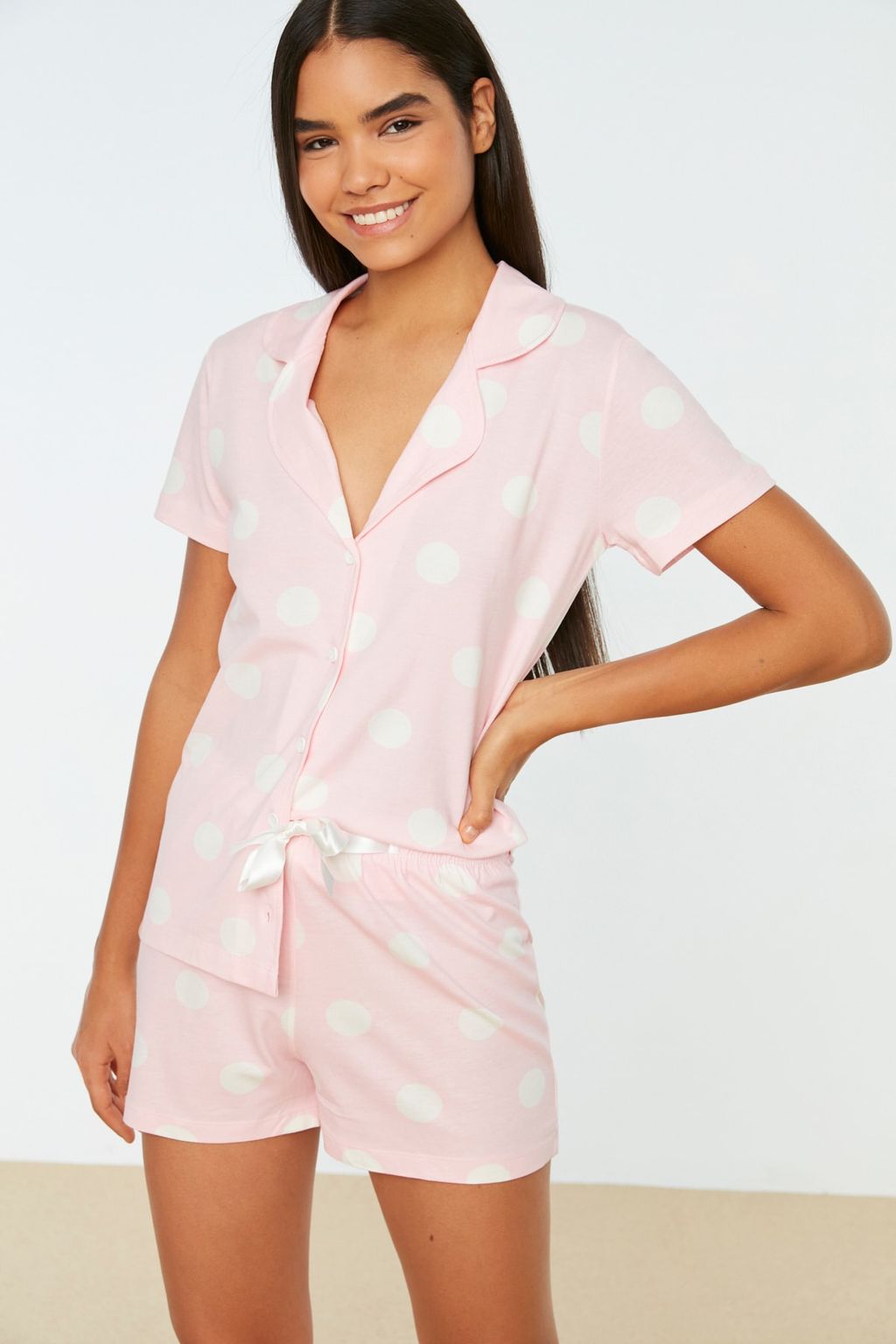 Trendyolmilla Somon %100 Pamuklu Puantiyeli Sortlu Orme Pijama Tak?m? THMSS20PT0077