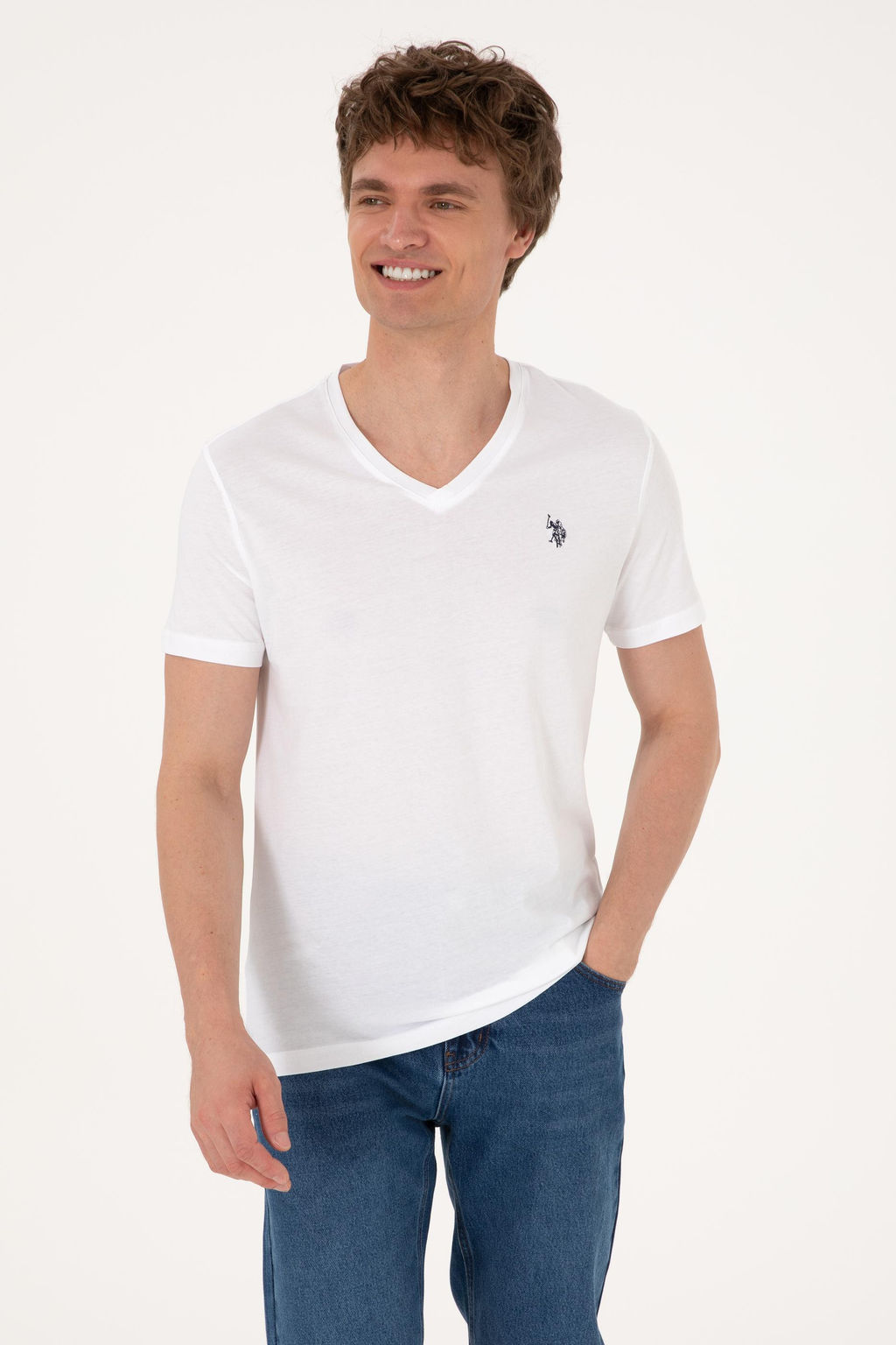 Erkek Slim Fit V Yaka Beyaz Basic Ti__rt Sepette S_rpriz _ndirim - U.s. polo assn фото 8