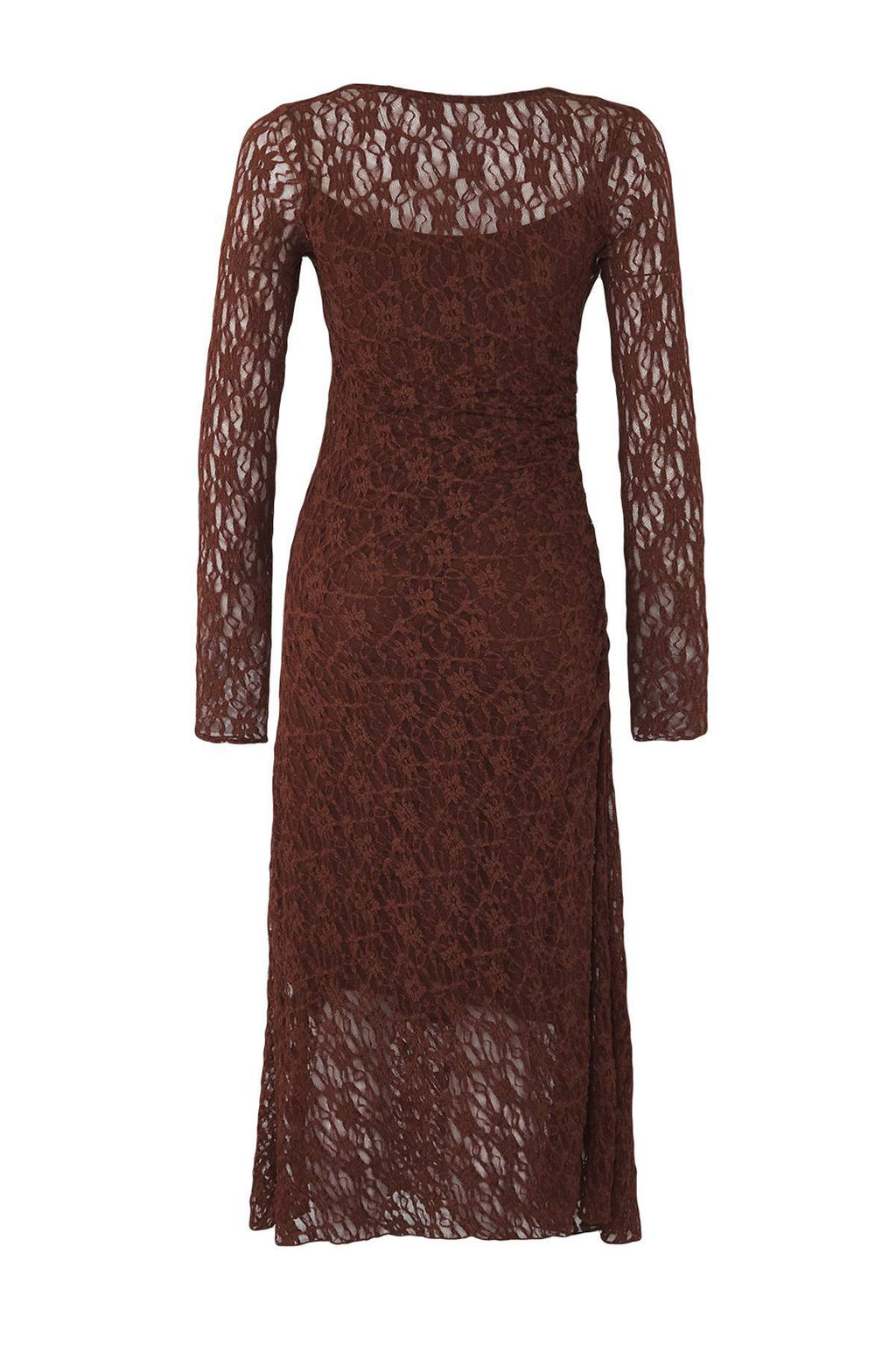 Kahverengi Dantel Bodycon Midi S?rt Dekolteli Astarl? Esnek Orme Elbise TWOAW26EL00016