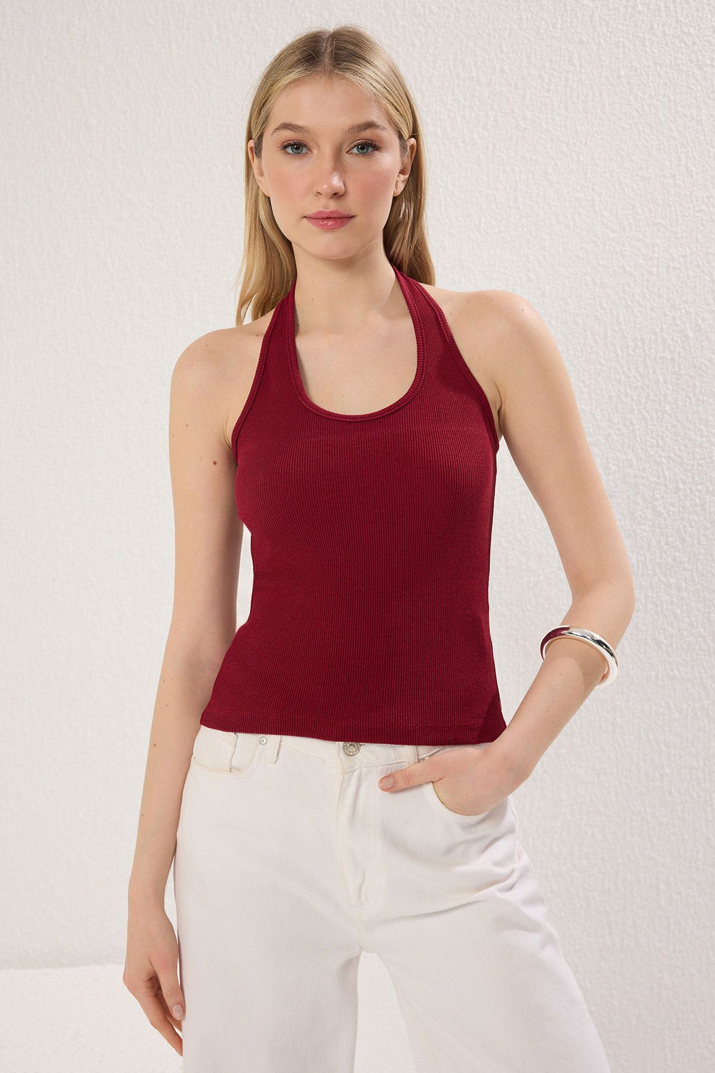 TRENDYOLMILLA Antrasit-Bordo 2li Paket Havuz Yaka Vucuda Oturan Fitlli Esnek Orme Atlet TWOSS25AL00049  фото 5