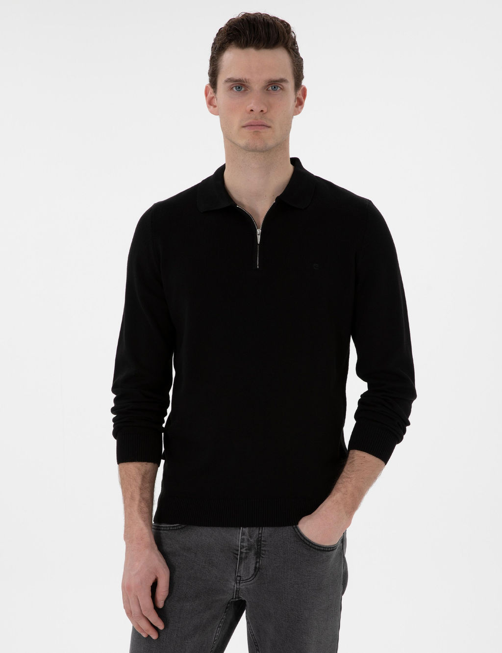 Siyah Slim Fit Fermuarl_ Polo Yaka Basic Triko Kazak