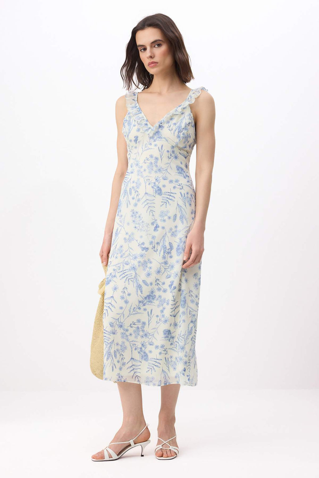 Beyaz-Mavi Cicekli Sifon Astarl? Midi Dokuma Elbise TWOSS26EL00223 - Trendyolmilla фото 2