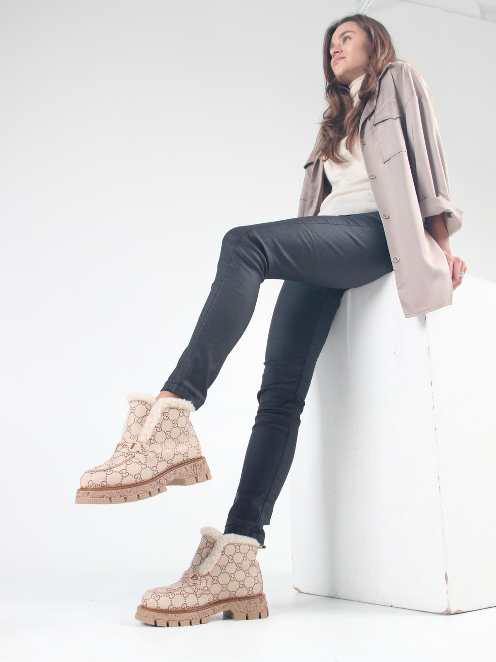 Ботинки 307.PODYUM141 br.Бежевый гучи коричневый/мех