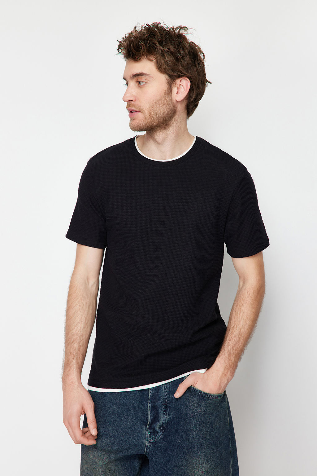 Siyah-Mint Regular/Normal Kesim 2li Paket Dokulu %100 Pamuklu T-Shirt TMNSS24TS00097 - Trendyolmilla фото 6