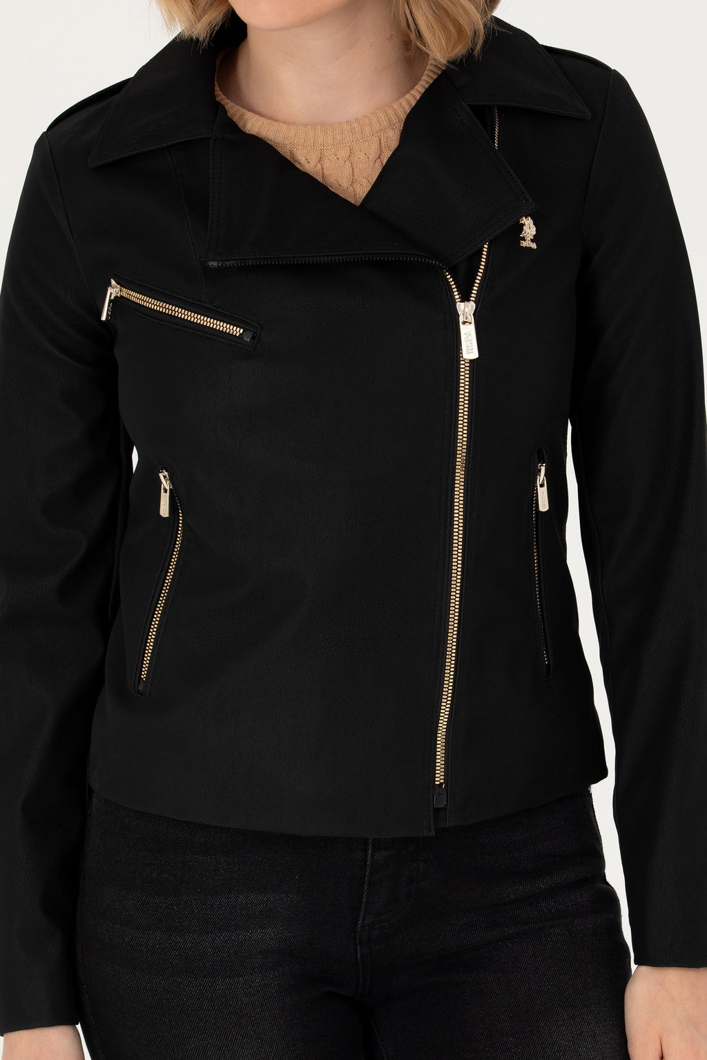 Женская черная кожаная куртка - U.s. polo assn фото 13