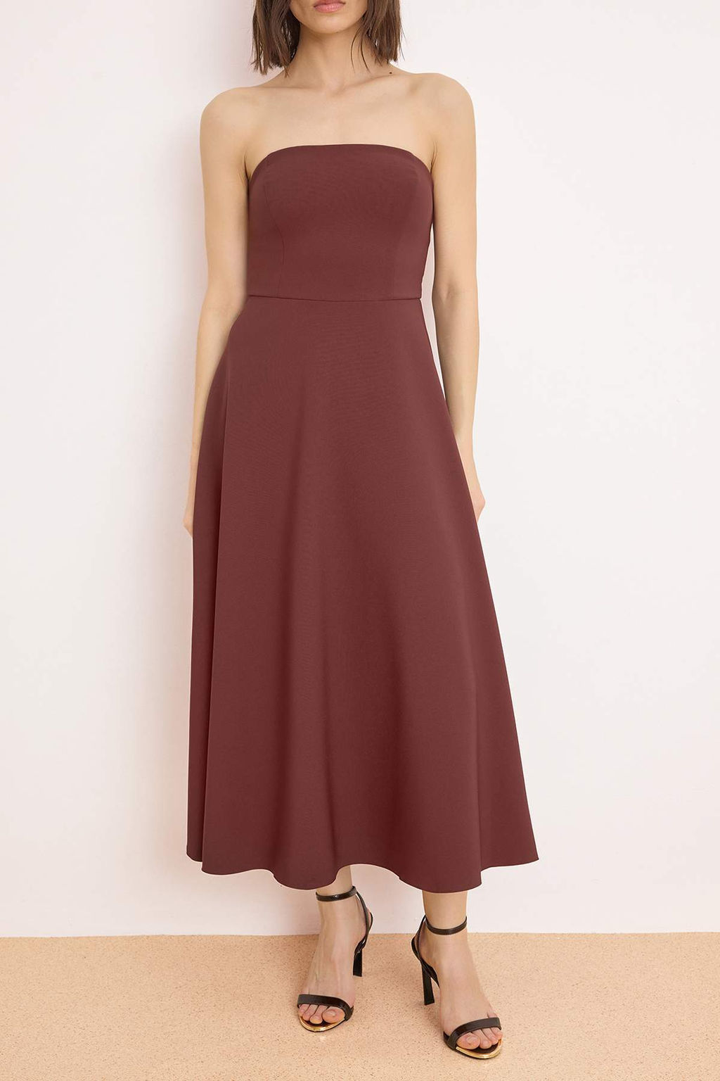 Kahverengi Duz Etegi Belden Ac?lan Dokuma Finike Maxi Astars?z S?k/Gece Elbise