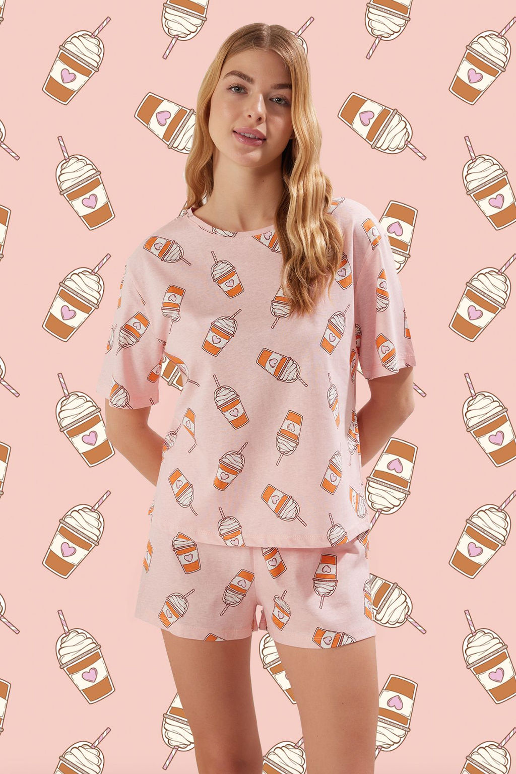 Pembe %100 Pamuklu Eglence Bask?l? Sortlu Orme Pijama Tak?m? THMSS25PT00176