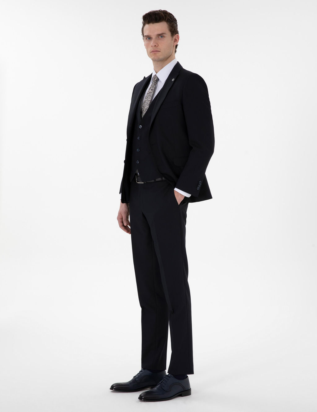 Lacivert Ex. Slim Fit Yelekli Tak_m Elbise