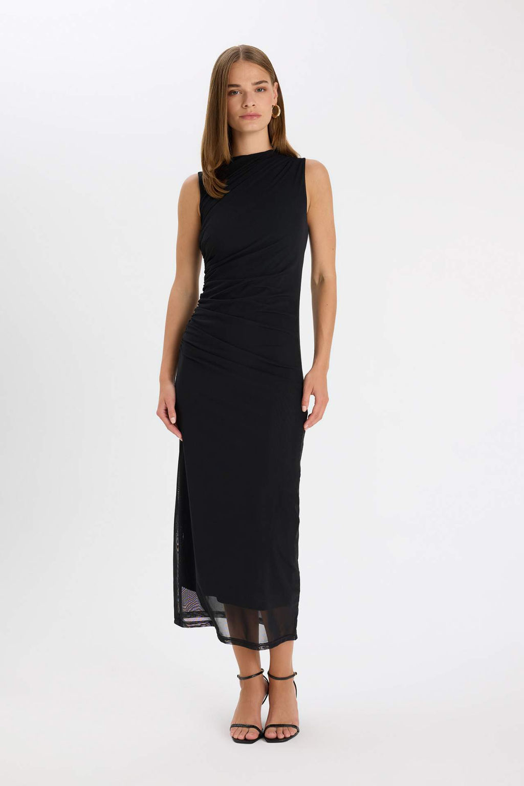 Bodycon Vucudu Saran Yar?m Bal?kc? Yaka Basic Duz Tul Kolsuz Maxi Elbise - Defacto фото 2