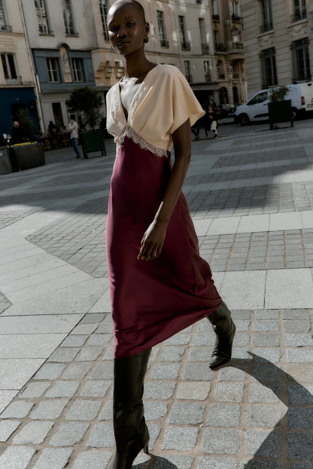 SATIN MIDI DRESS WITH LACE TRIM