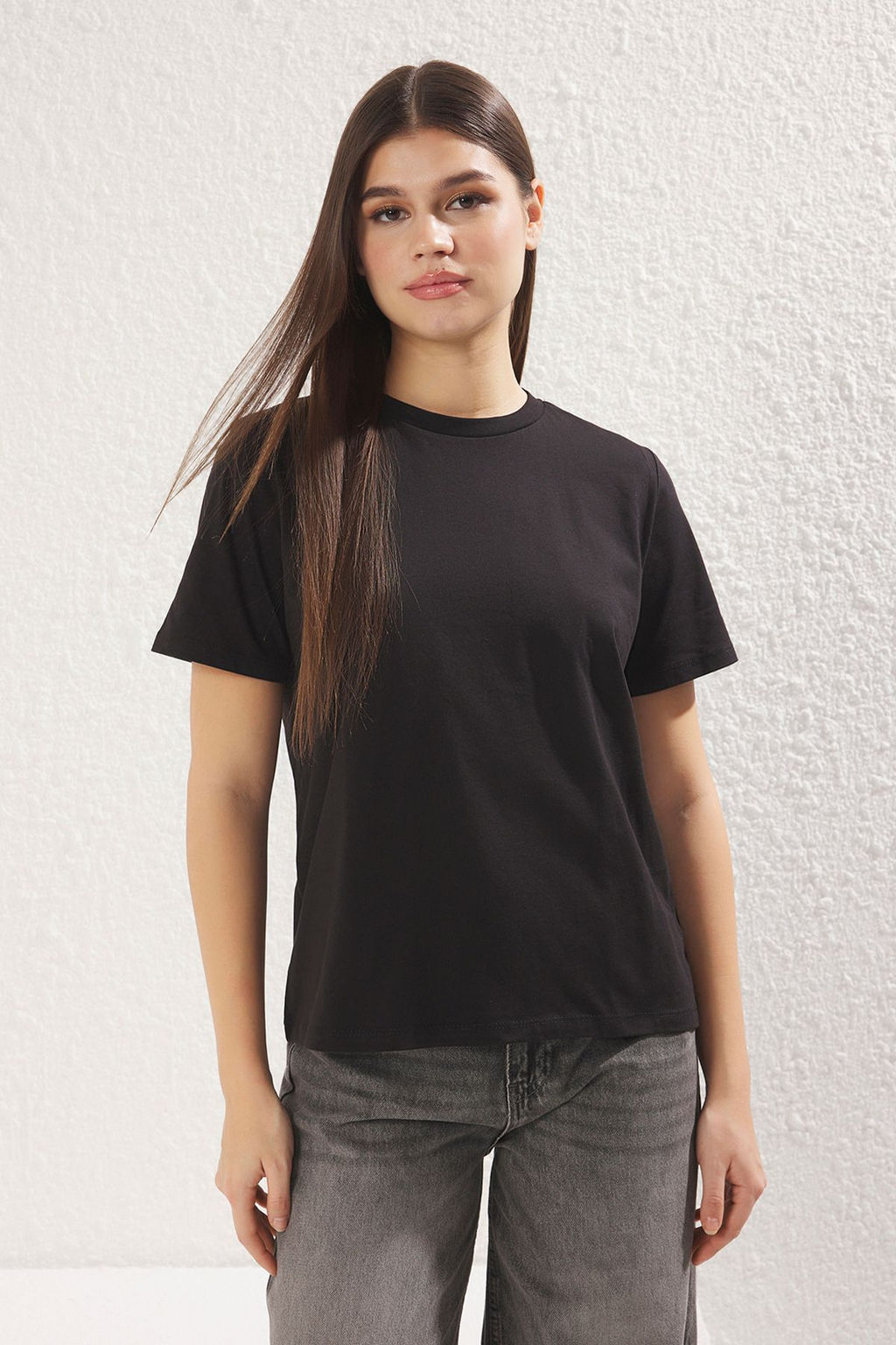 Gri Melanj- Siyah Basic %100 Pamuk Bisiklet Yaka 2li Paket Orme T-Shirt TWOSS20TS0141