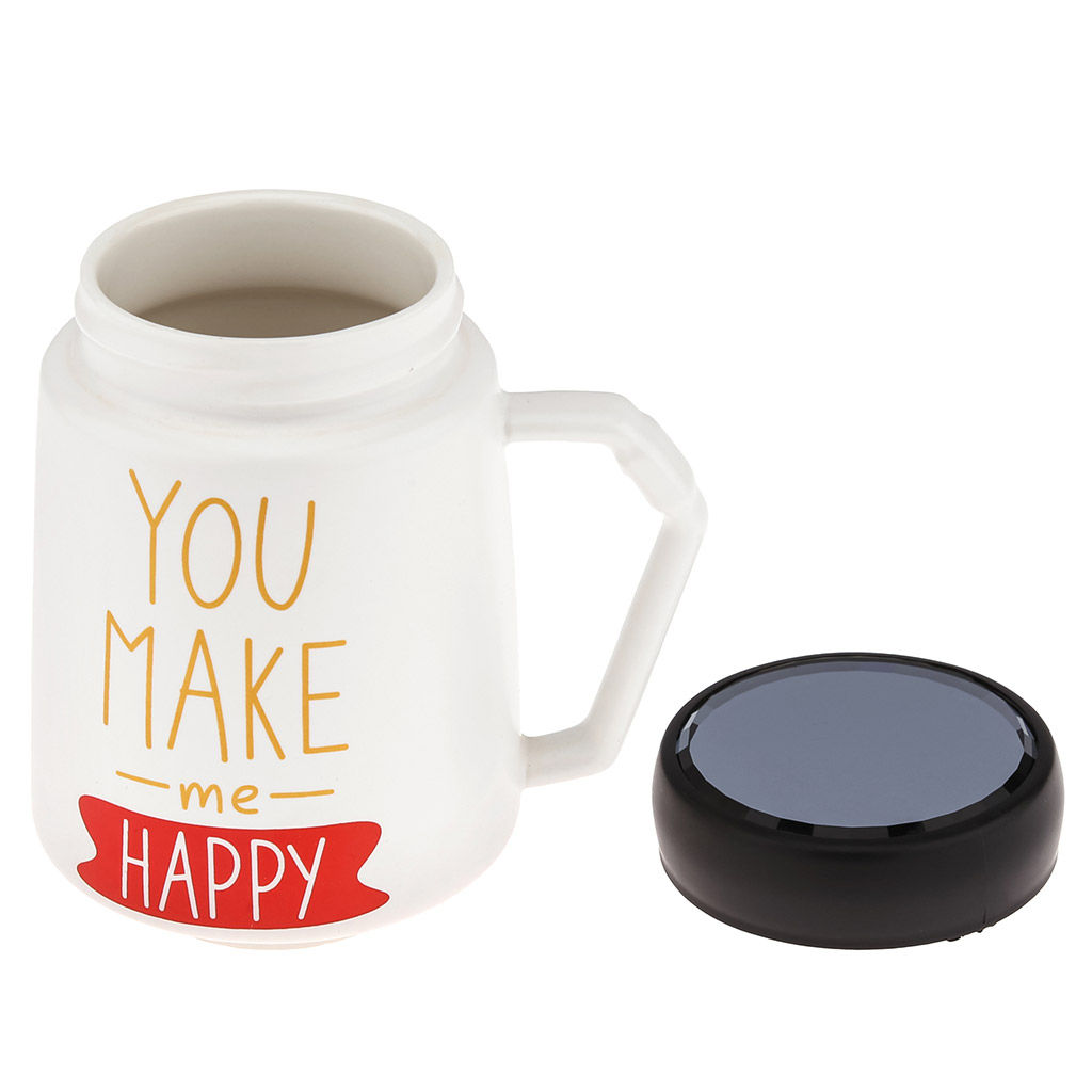 Кружка фарфоровая Признания You make me happy 600мл, д9,5см h13,3см, матовая глазурь, деколь с золотом, цвет - белый, пластмассовая, винтовая крышка, герметичная, с силиконовым уплотнителем, д/горла 6,6см, д/основания 5,6см, в подарочной коробке - Домашняя мода фото 2