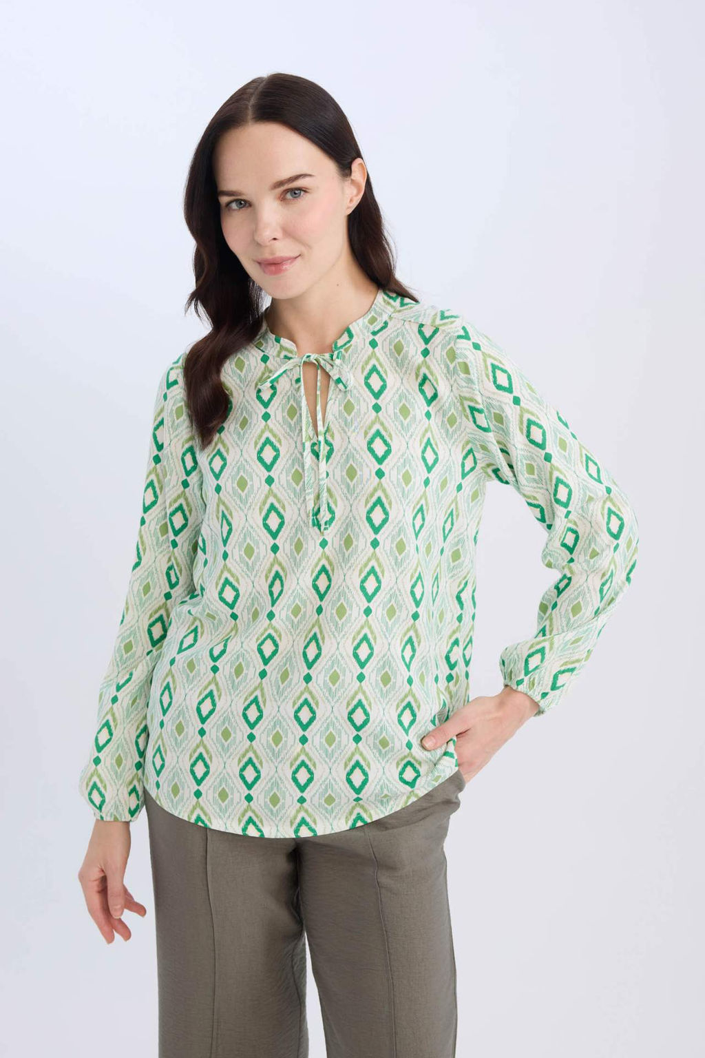 Regular Fit Apas Yaka Desenli Uzun Kollu Bluz - Defacto фото 9