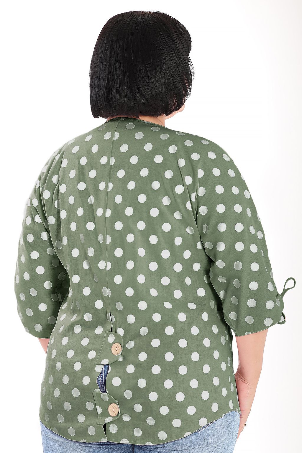 Пыльник больших размеров женский летний зеленый в горох - Almond фото 2