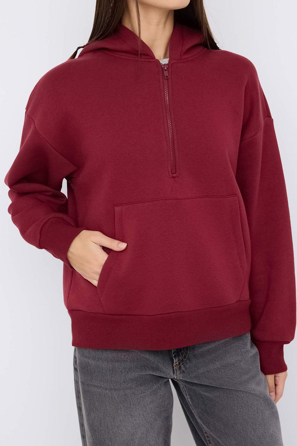 Teen Bordo Kapusonlu Kal?n Ici Polarl? Yar?m Pat Fermuarl? Cepli Orme Sweatshirt TWOAW26SW00160 - Trendyolmilla фото 15