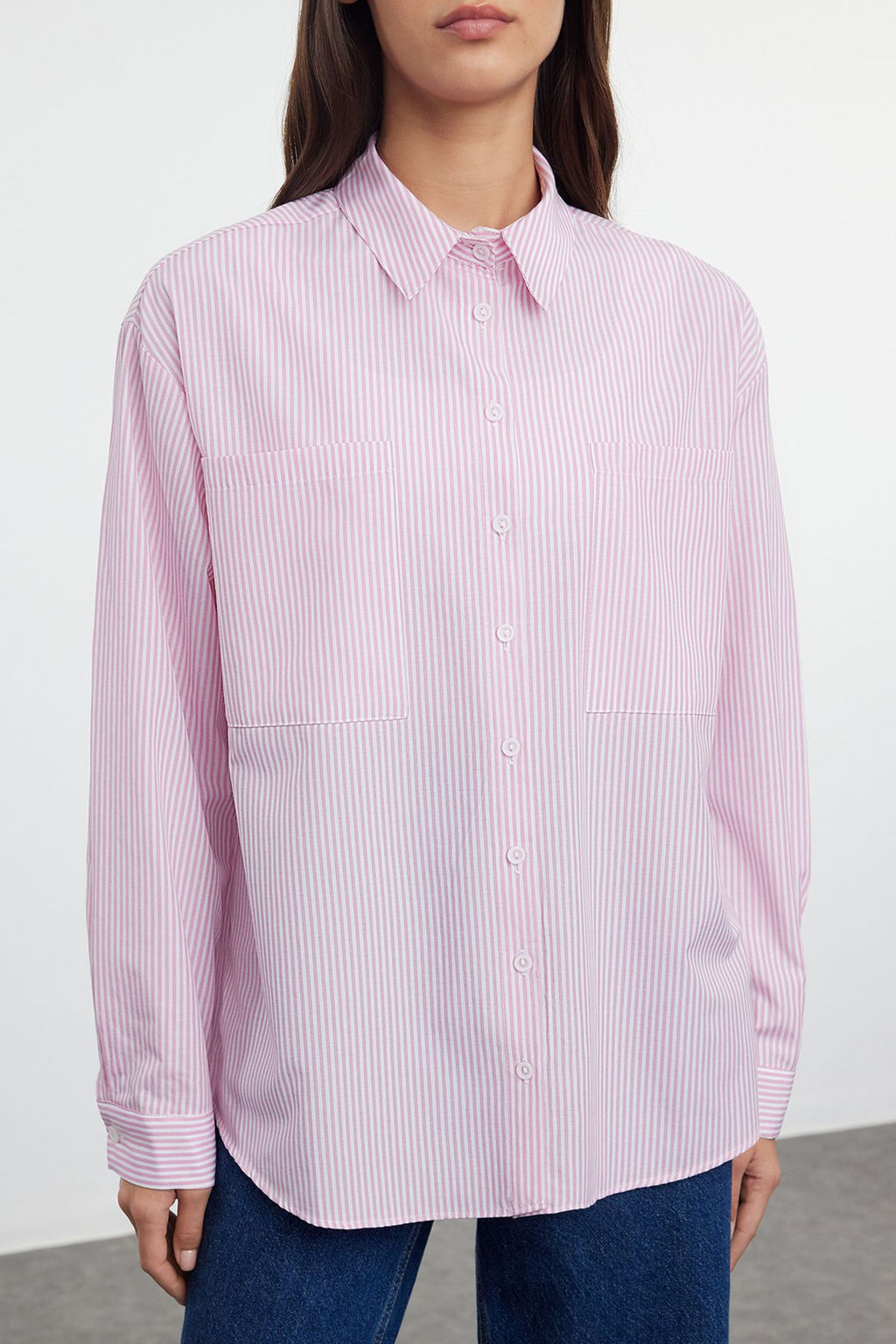 Pembe Cizgili Oversize Dokuma Gomlek TWOAW23GO00359