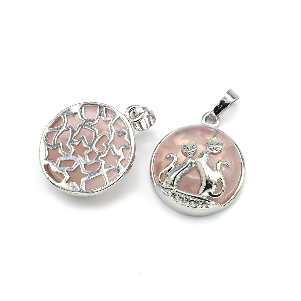 Подвеска Кошки влюбленные 22*22мм в металле с розовым кварцем