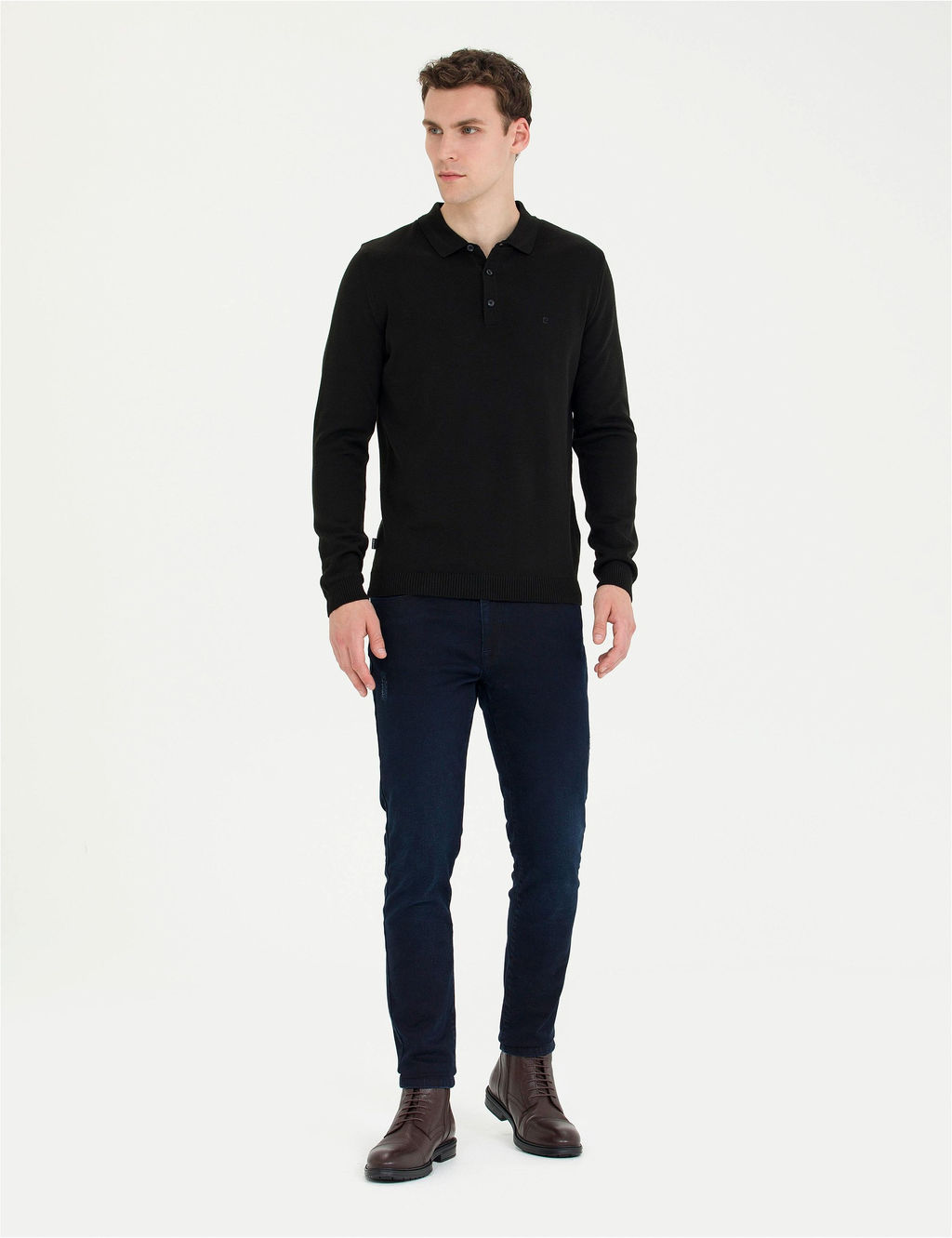 Siyah Slim Fit Polo Yaka Basic Triko Kazak