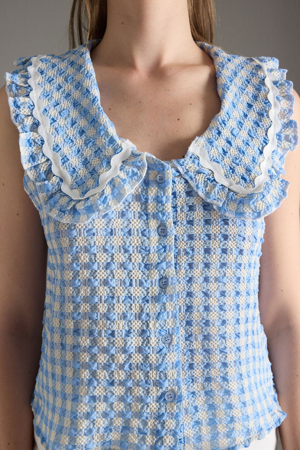 Trendyolmilla Mavi Bebe Yaka Ekoseli Gomlek TWOSS25GO00154 фото 3