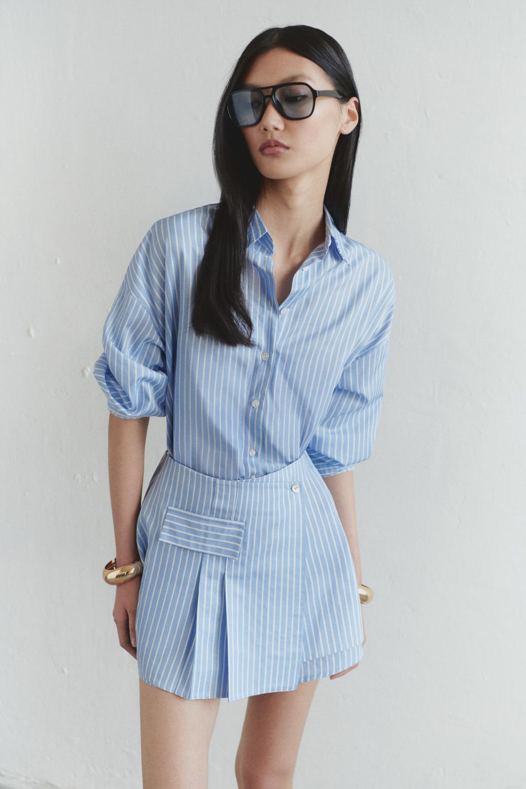 Trendyolmilla Limited Edition Mavi Cizgili Gomlek Detayl? Mini Dokuma Elbise TWOSS25EL00522