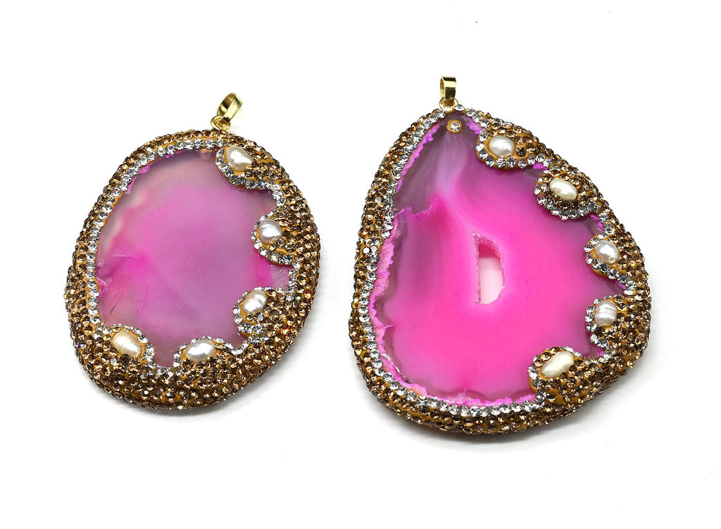 Подвеска из агата с жемчугом барокко цв.фуксия, золотистый