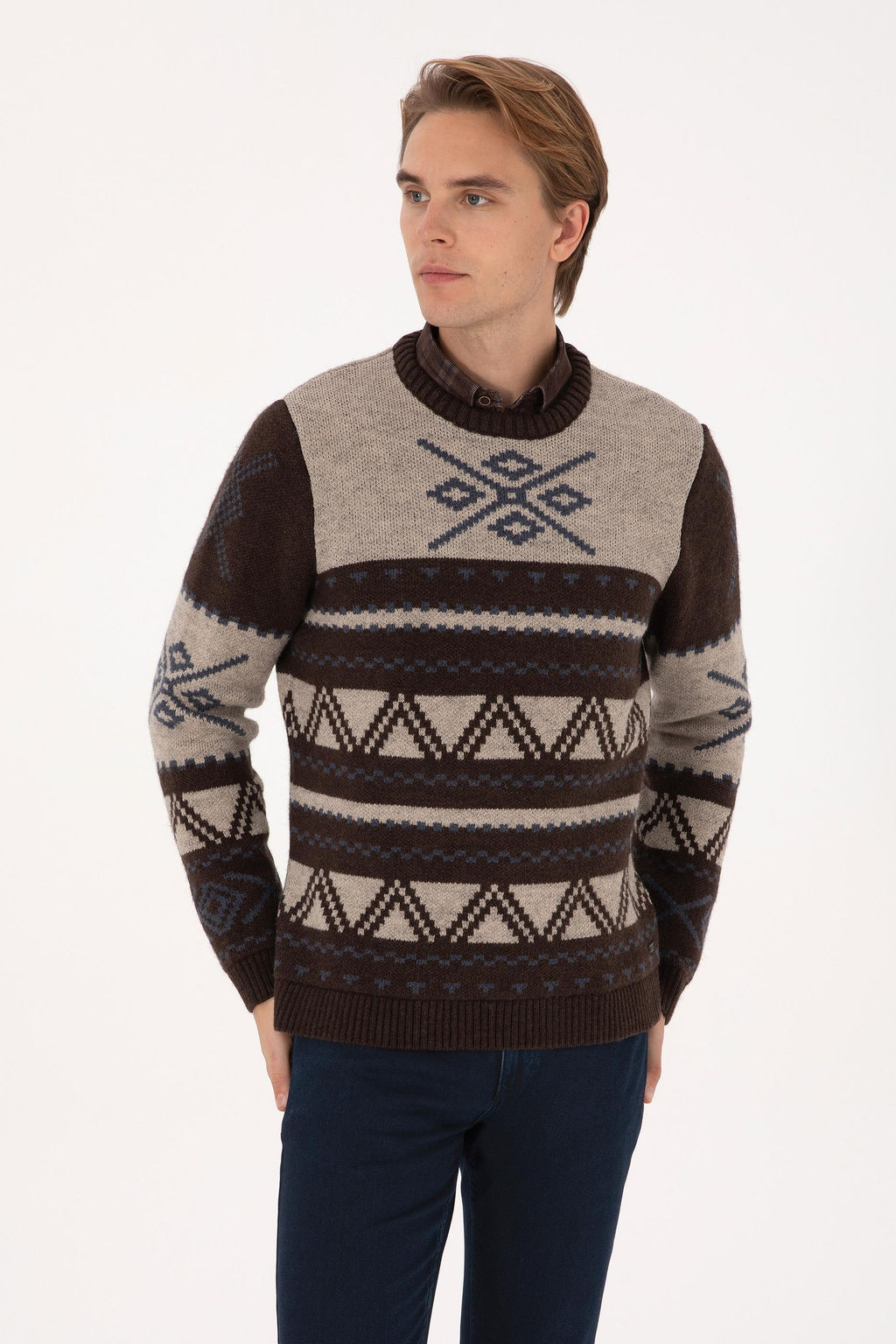 Erkek Comfort Fit Bisiklet Yaka Kahverengi Kazak - U.s. polo assn фото 3
