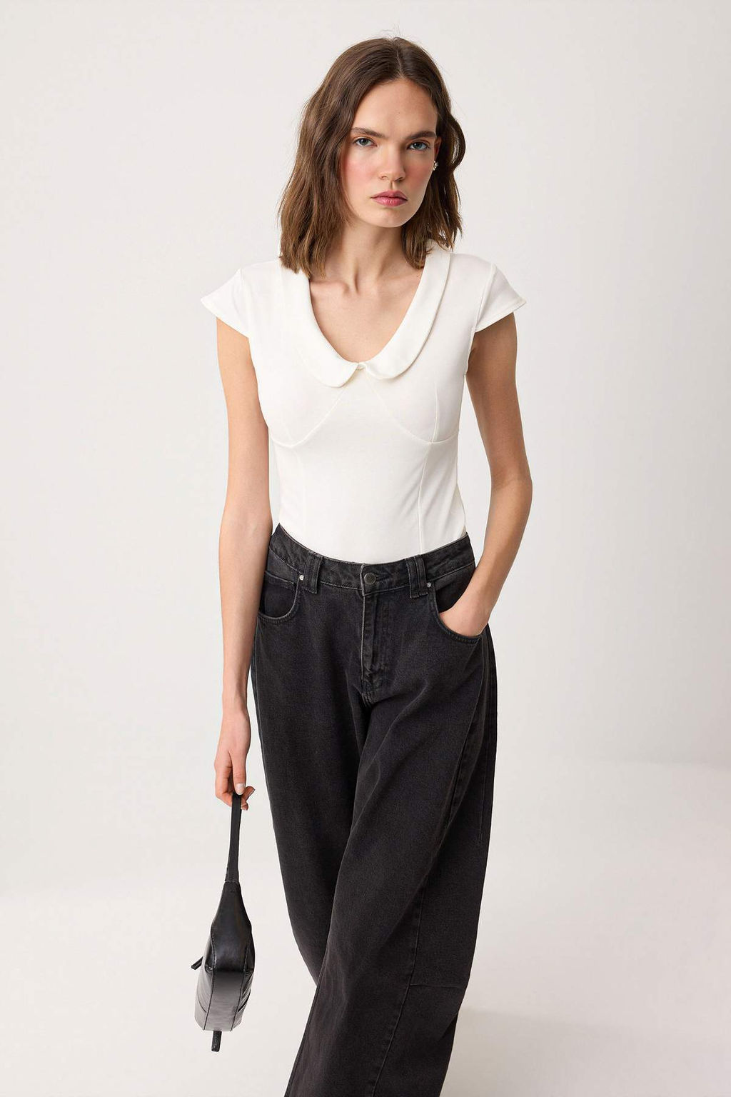 Ekru Regular/Normal Kal?p Bebe Yaka Kolsuz Interlok Orme Bluz TWOSS26BZ00342