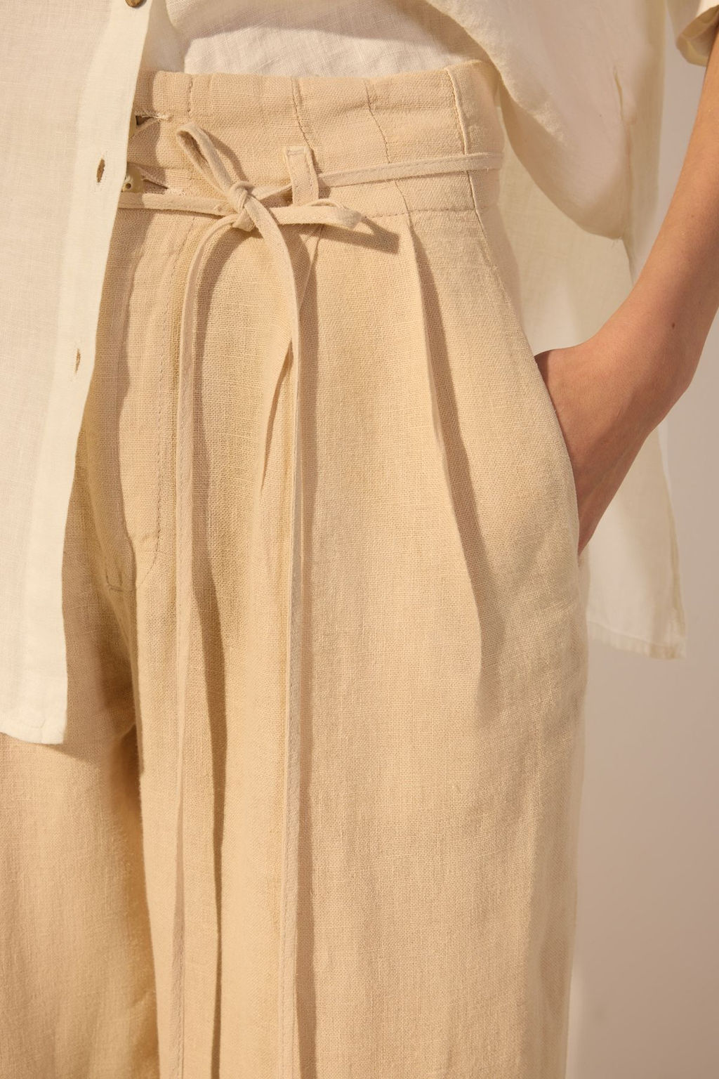 Bej %100 Keten Beli Baglama Detayl? Yuksek Bel Wide Leg Pantolon TWOSS25JE00243 - Trendyolmilla фото 3