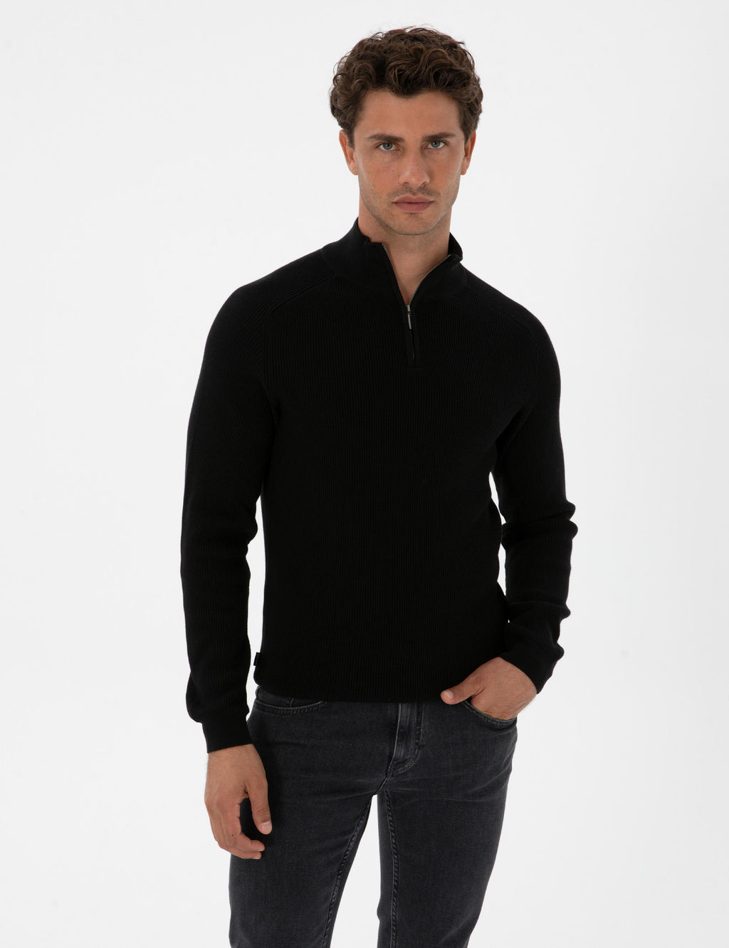 Siyah Slim Fit Dik Yaka Fermuarl_ Triko Kazak