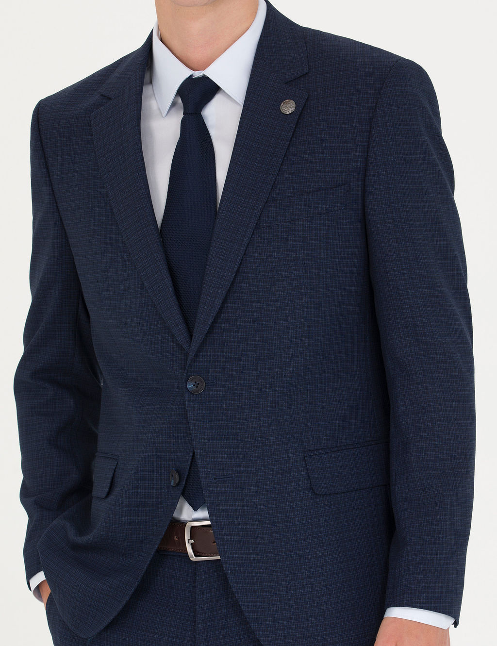 Kareli Lacivert Slim Fit Tak_m Elbise