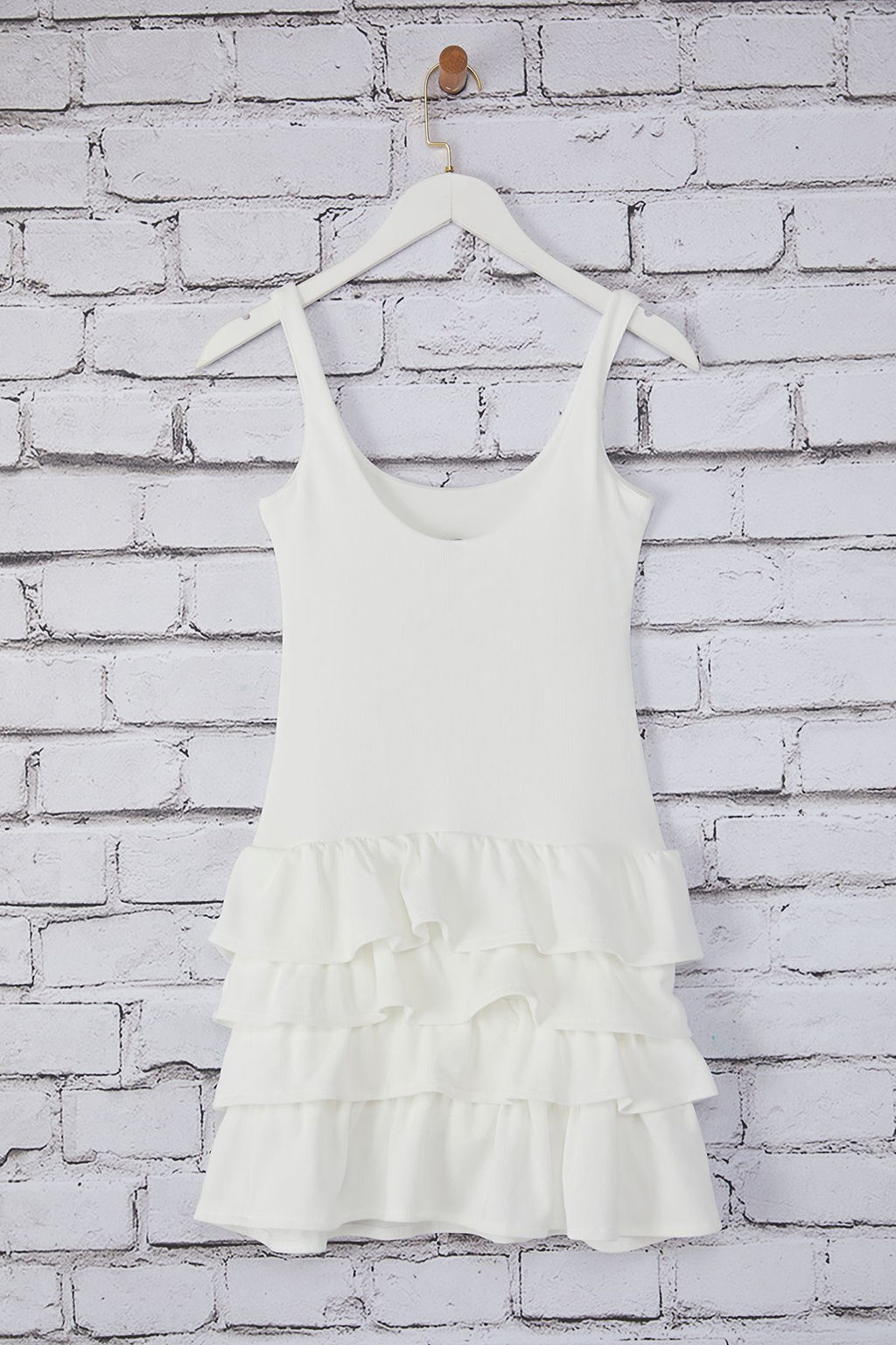 TRENDYOLMILLA Beyaz Duz Volanl? / F?rf?rl? Mini Esnek Orme Elbise TWOSS25EL00388 фото 6