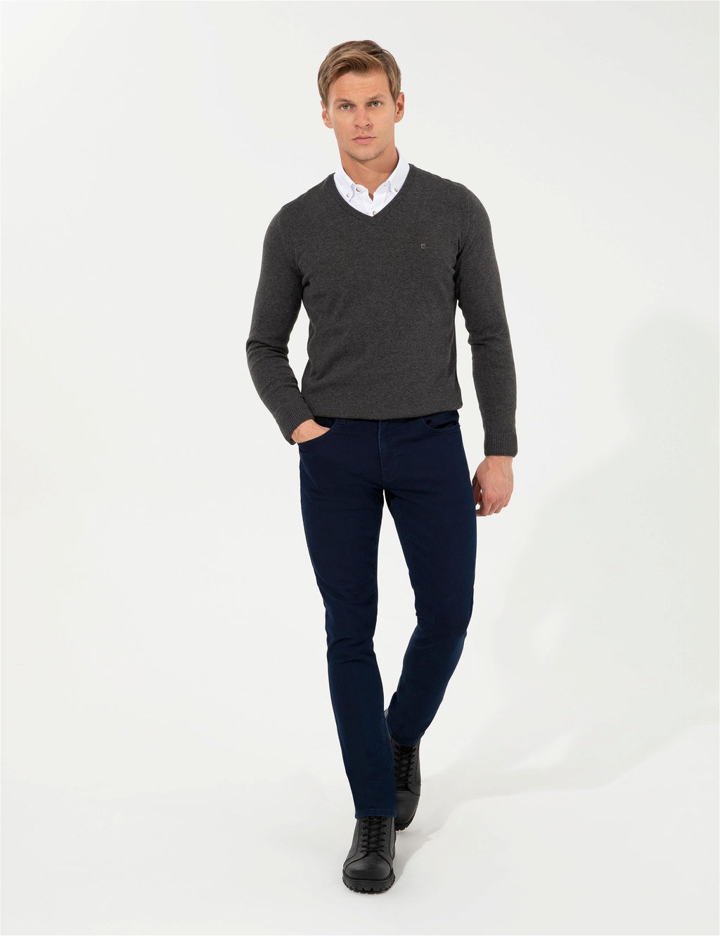 Gri Melanj Slim Fit V Yaka Basic Triko Kazak
