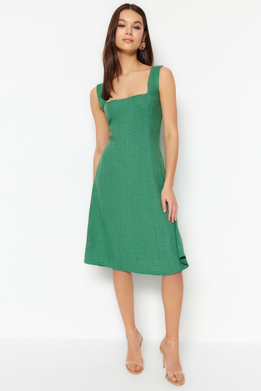 Haki A-Kesim Kare Yaka Mini Dokuma Elbise TWOSS23EL01549 - Trendyolmilla фото 2