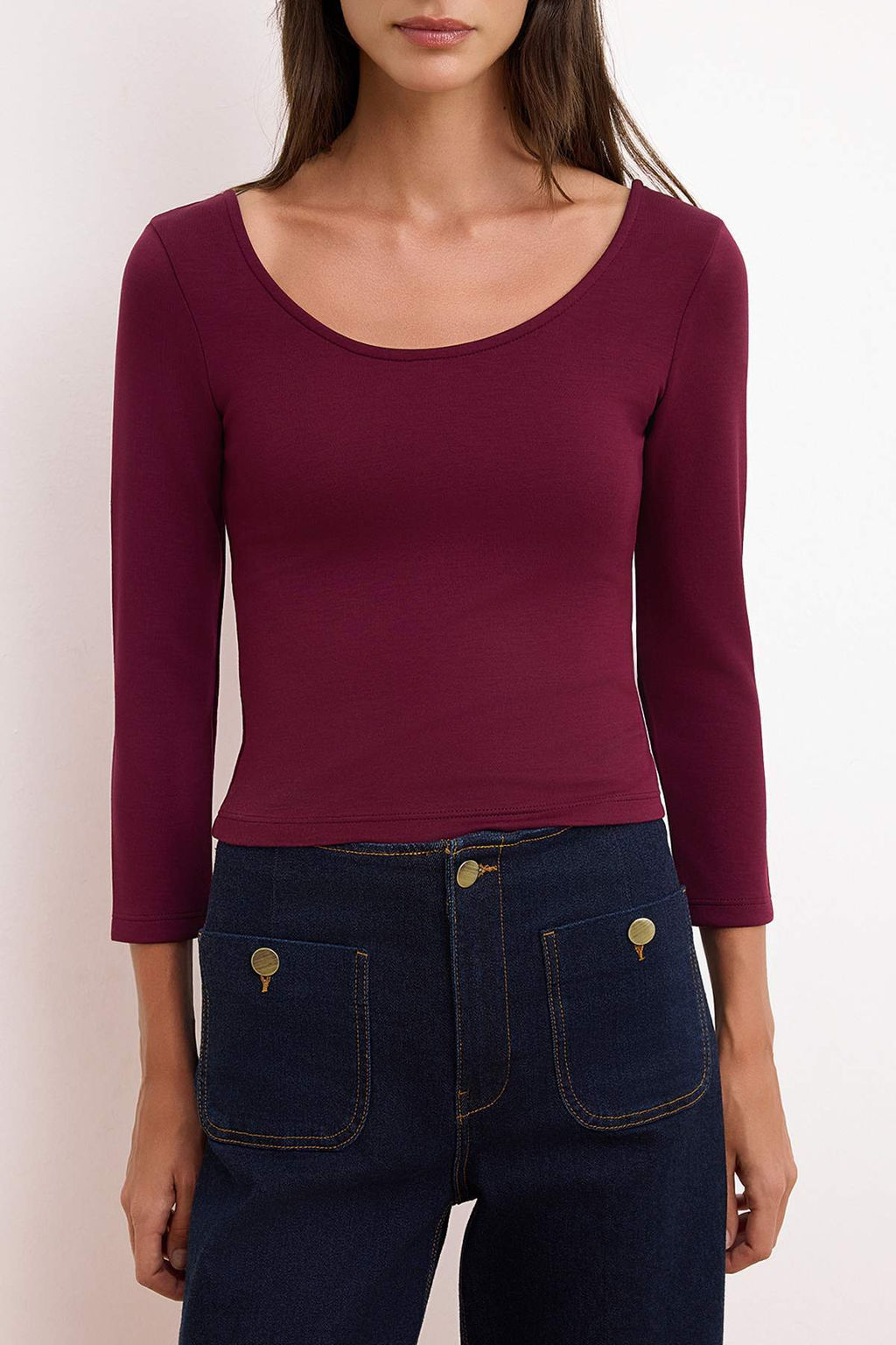 Bordo Fitted/Vucuda Oturan Havuz Yaka Ay Kol Truvakar Interlok Orme Bluz TWOSS26BZ00639