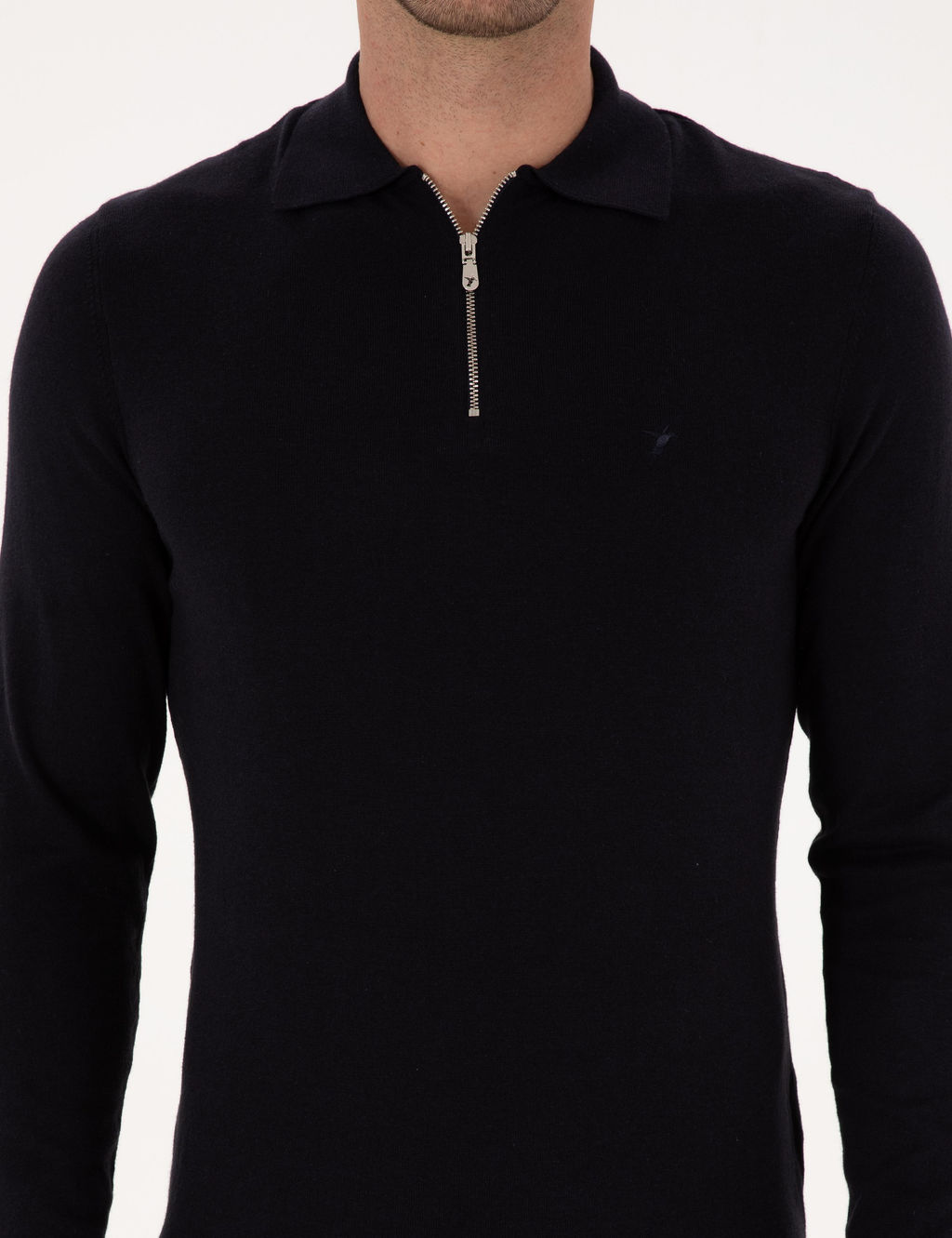 Lacivert Regular Fit Pamuk Kar___ml_ Fermuarl_ Polo Yaka Basic Triko Kazak