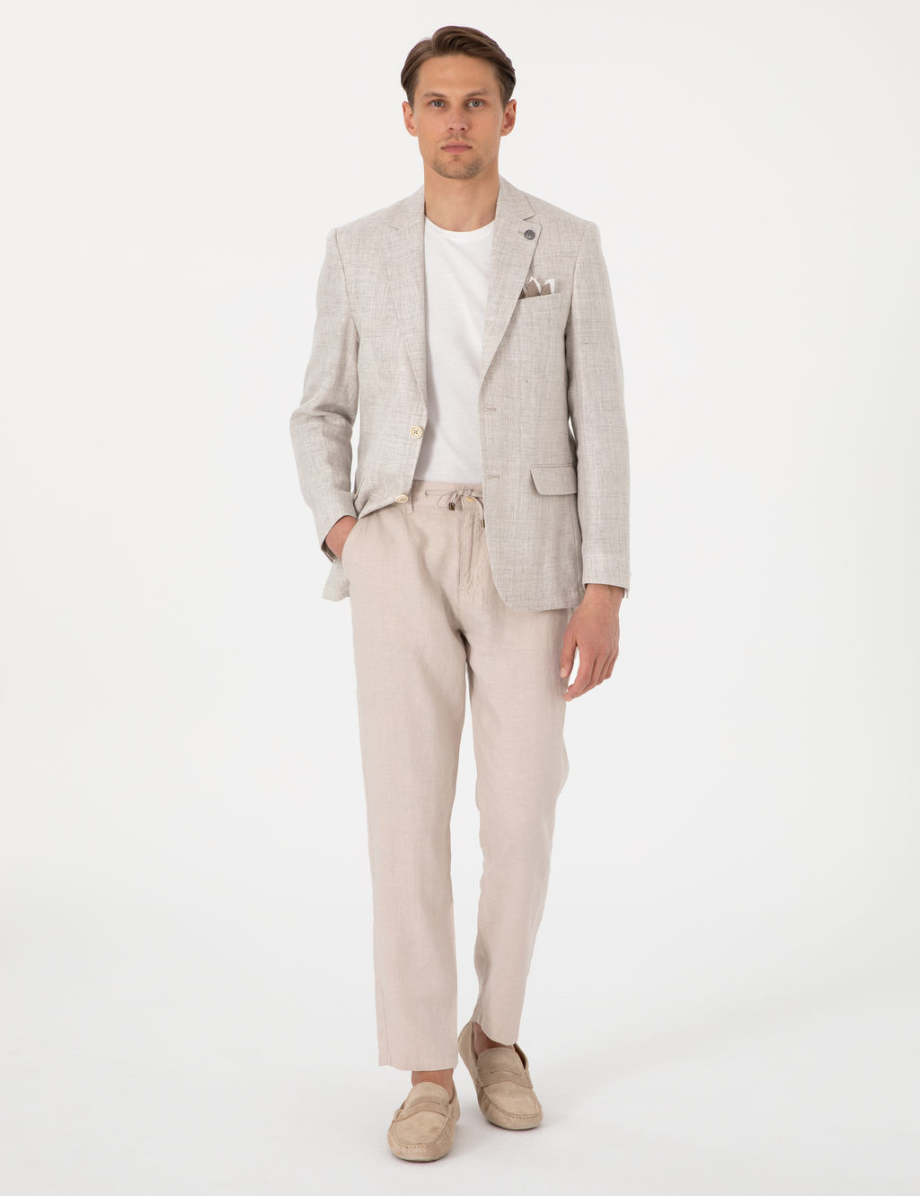 Bej Slim Fit Keten Ceket