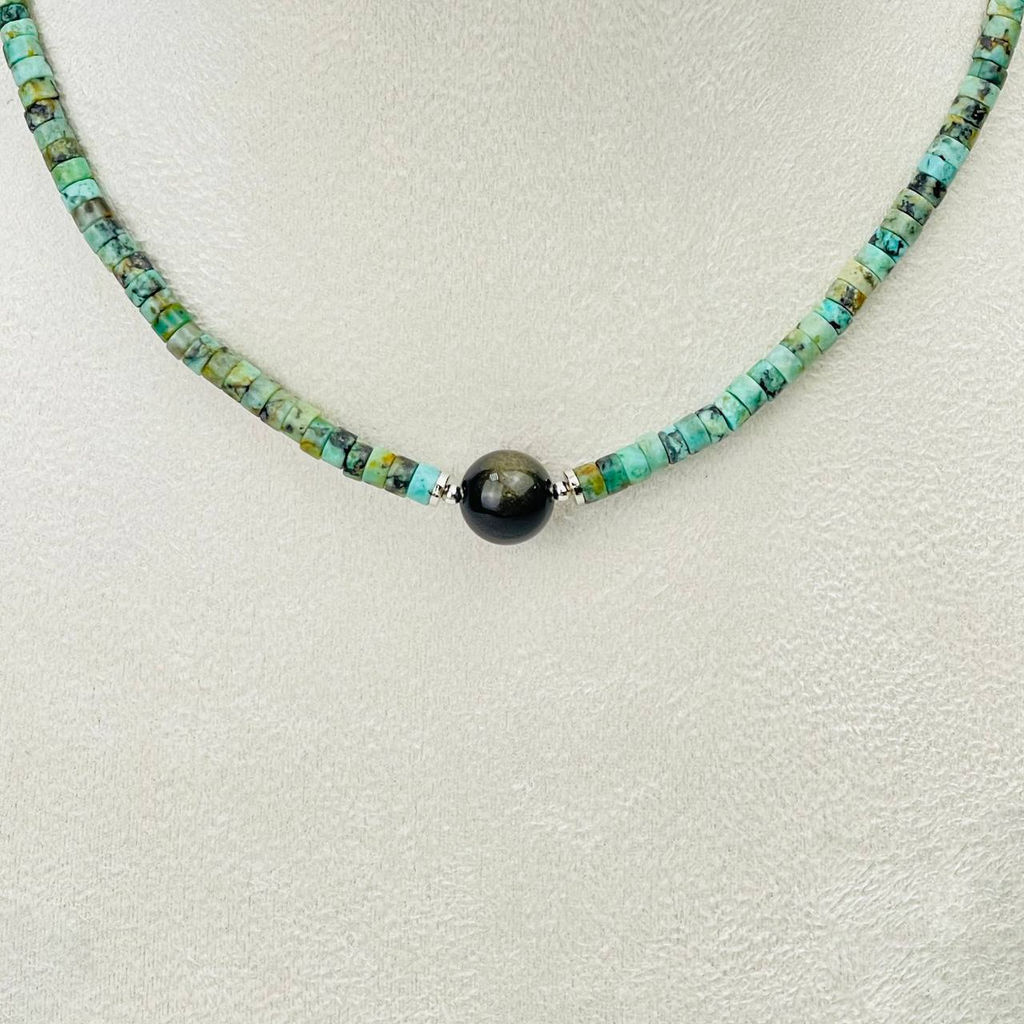 Чокер из Хризоколлы и золотистого Обсидиана 38 см +