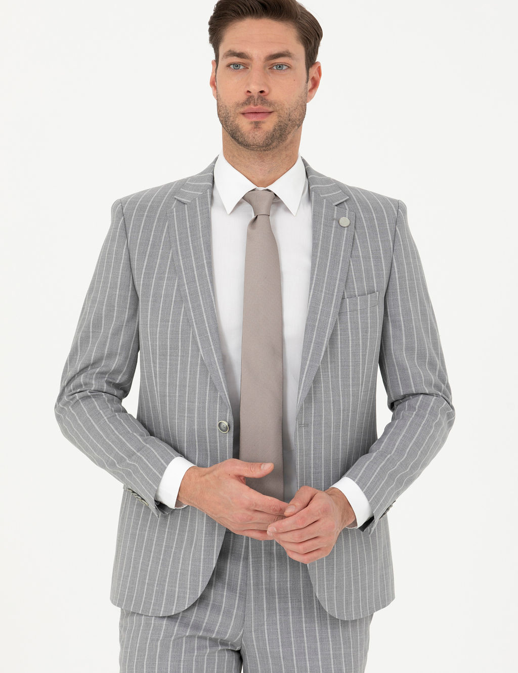 Gri Extra Slim Fit _izgili Y_n Kar___ml_ Tak_m Elbise